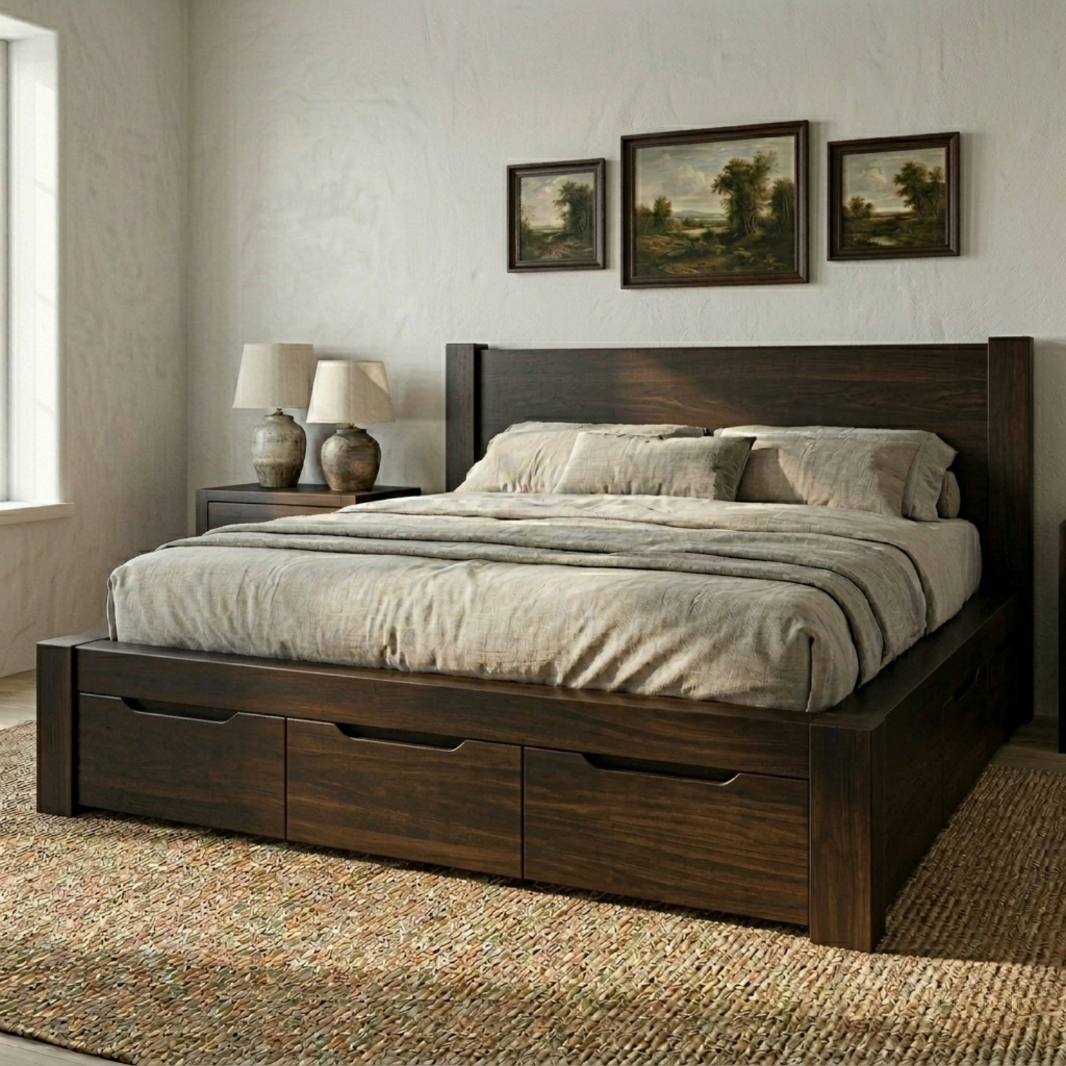 Solid Wood Platform Bed Frame with Underbed Storage Drawers and Panel Headboard
