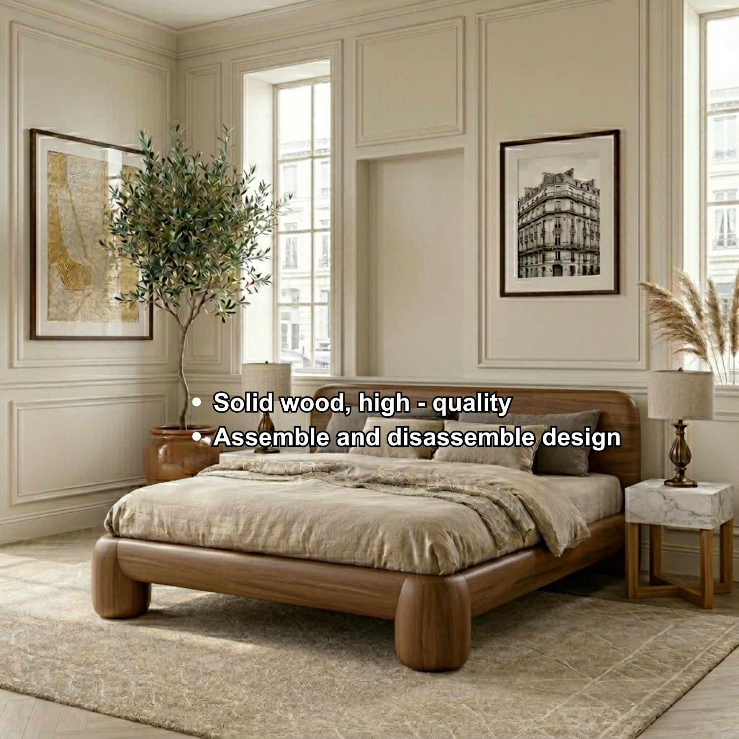 Solid Wood Platform Bed Frame with Rounded Corners and Sculpted Legs