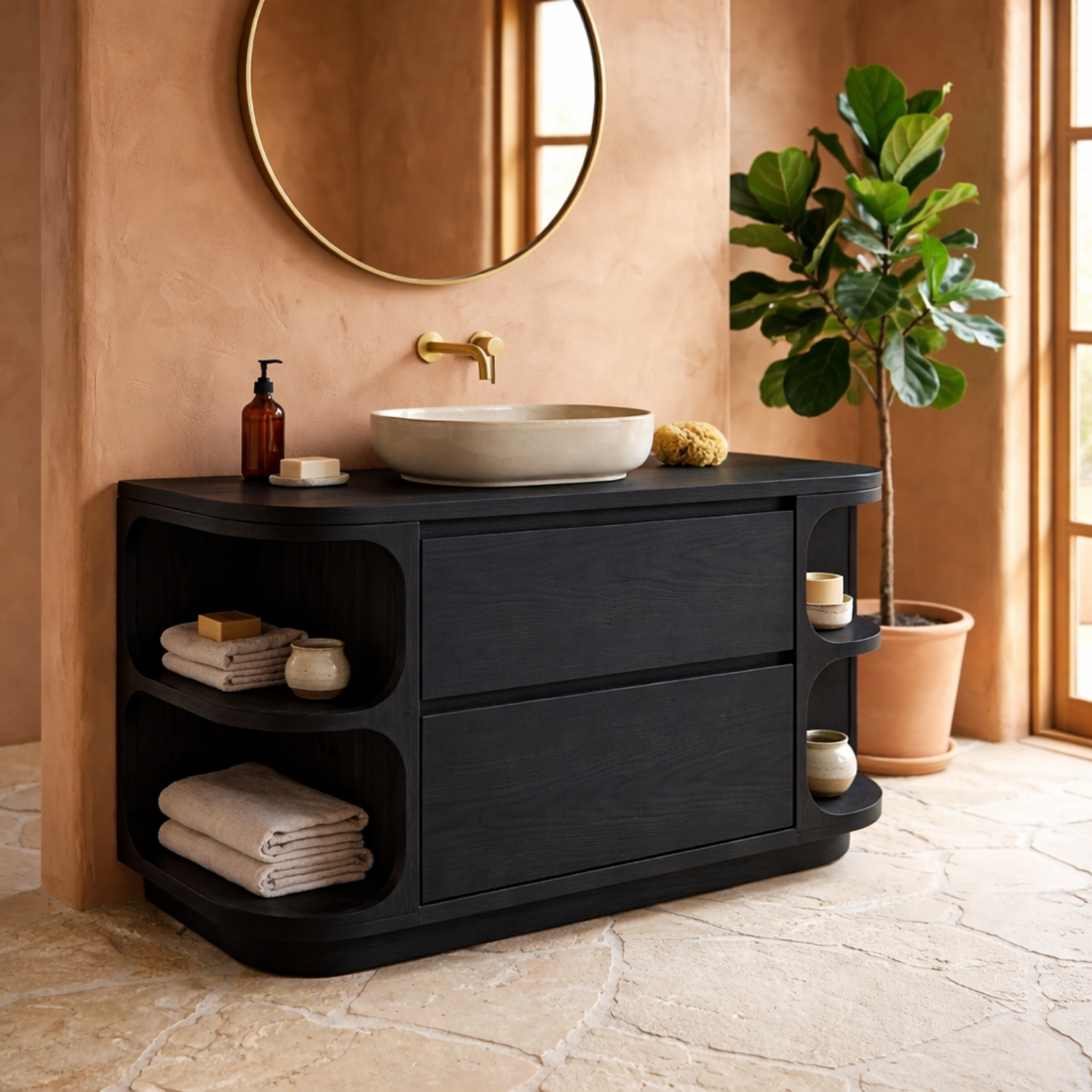 Solid Wood Bathroom Vanity with Curved Side Shelves and Two Drawers