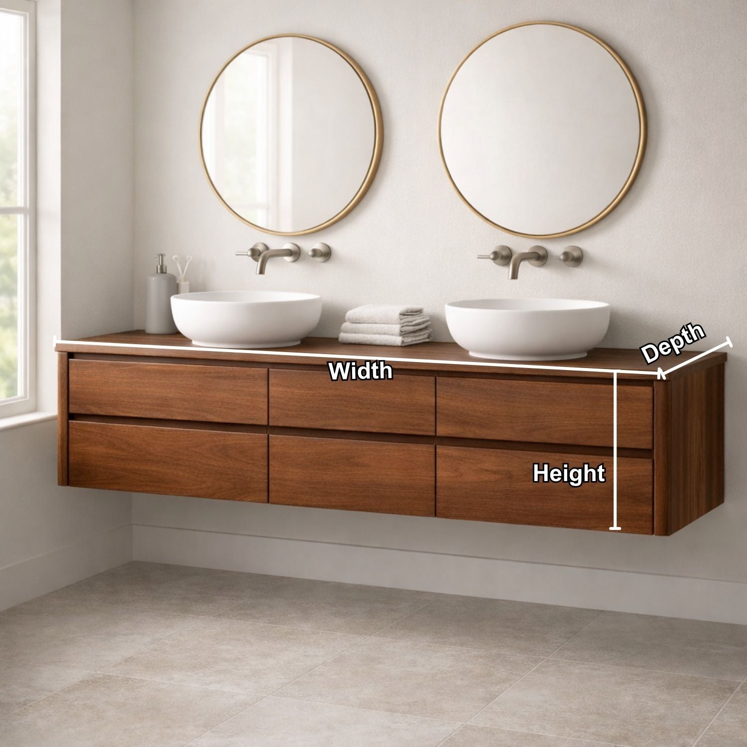 Handcrafted 6-Drawer Floating Double Vanity - Solid Wood Modern Bathroom Cabinet