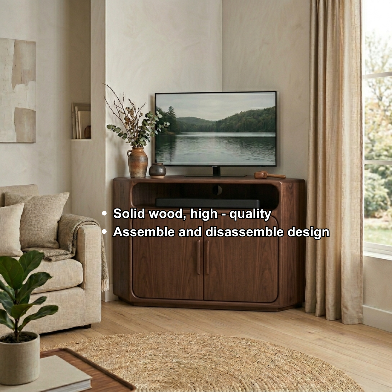 Solid Wood Corner TV Stand with Rounded Edges and Cabinet Storage – Corner Media Console