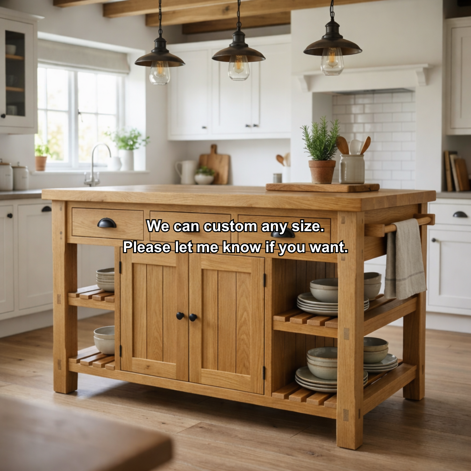 Farmhouse Solid Wood Kitchen Island with 3 Drawers, Cabinet and Open Shelves