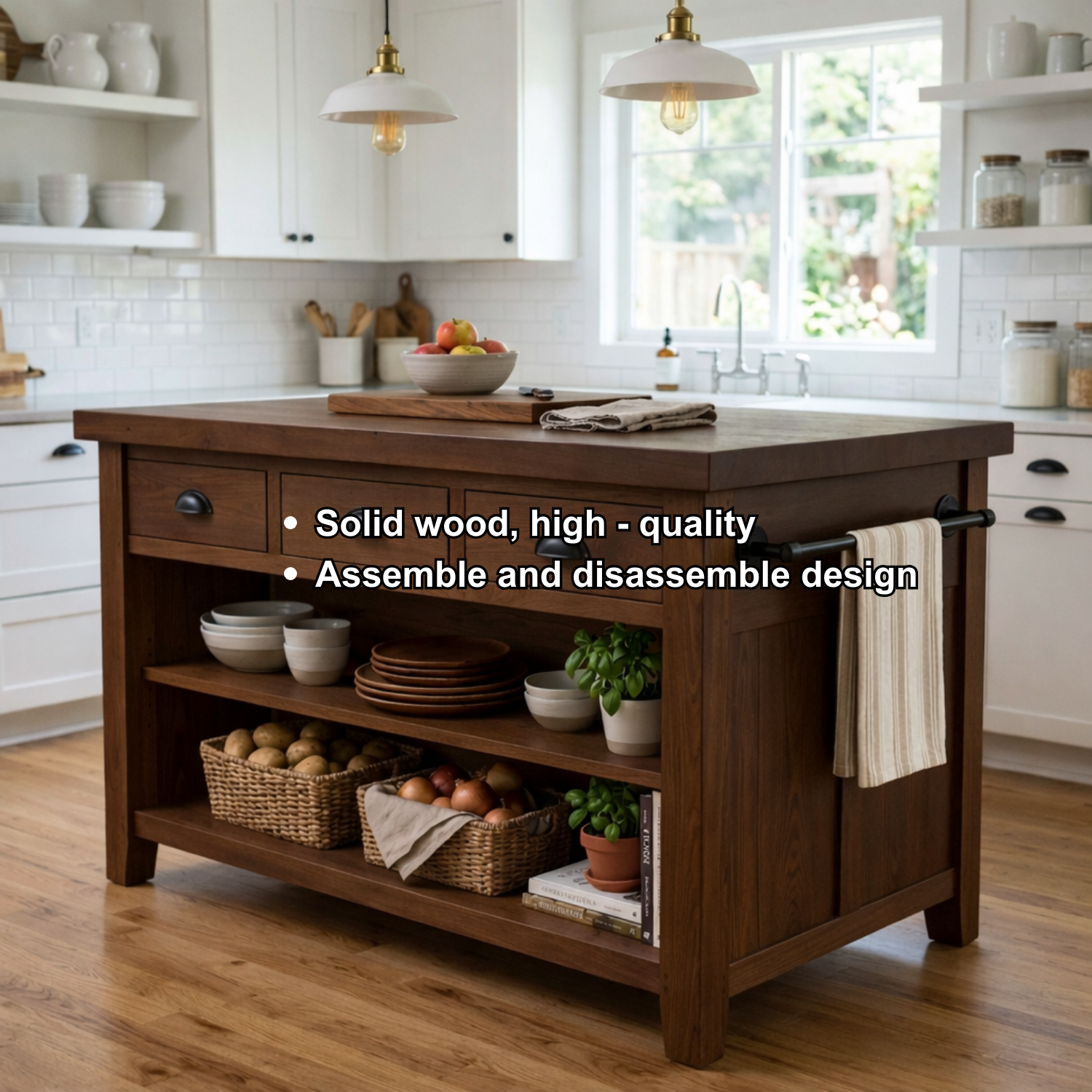 Farmhouse Solid Wood Kitchen Island with Drawers, Open Shelves and Towel Bar