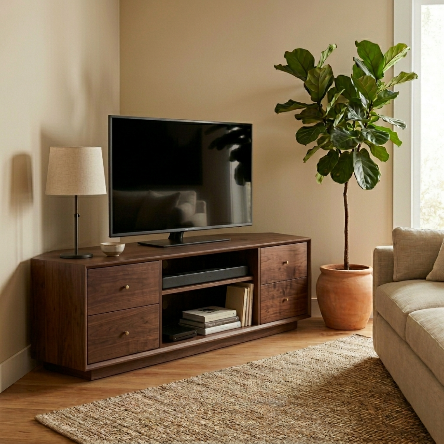 Solid Wood Corner TV Stand with Drawers and Open Media Shelf – Corner Media Console