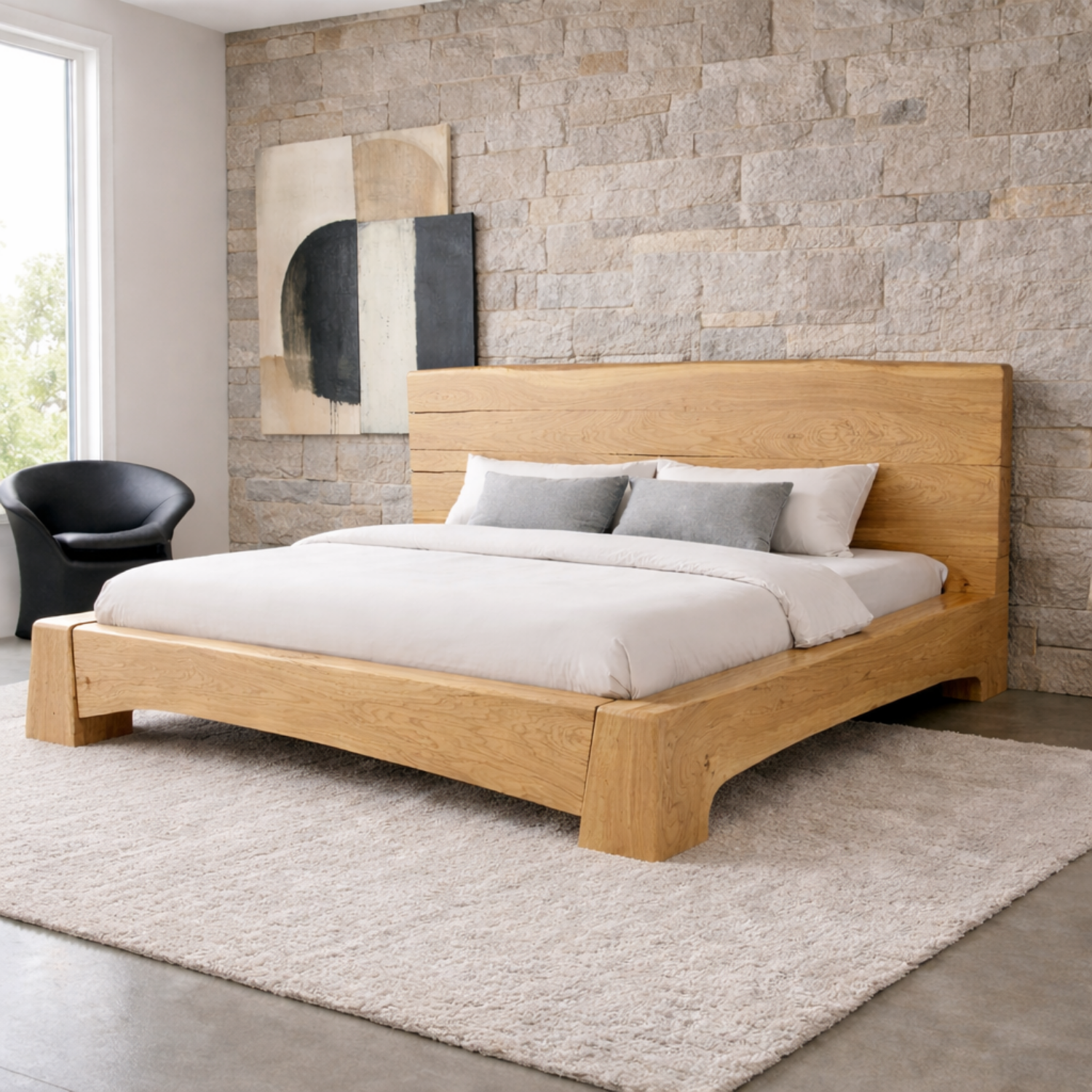 Solid Wood Platform Bed Frame with Wide Panel Headboard and Sculpted Base