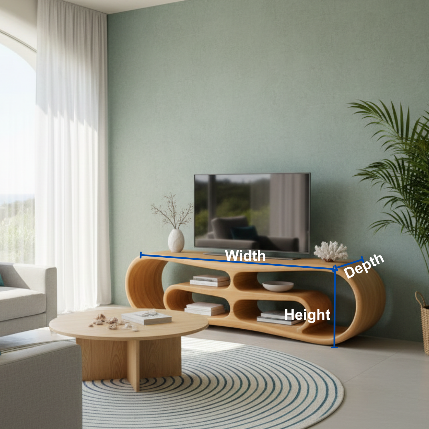 Modern Solid Wood TV Stand with Curved Design & Open Shelving - Stylish Living Room Storage