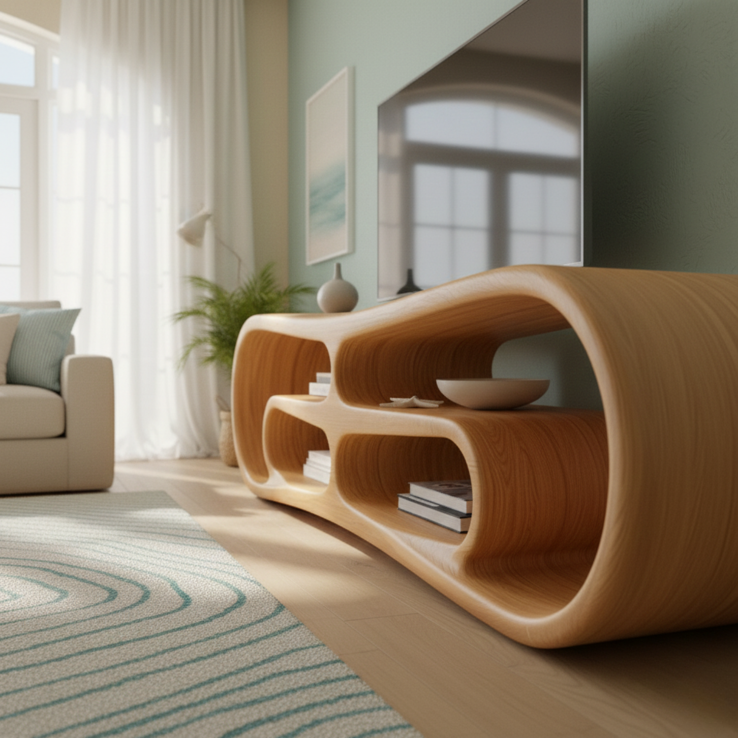 Modern Solid Wood TV Stand with Curved Design & Open Shelving - Stylish Living Room Storage