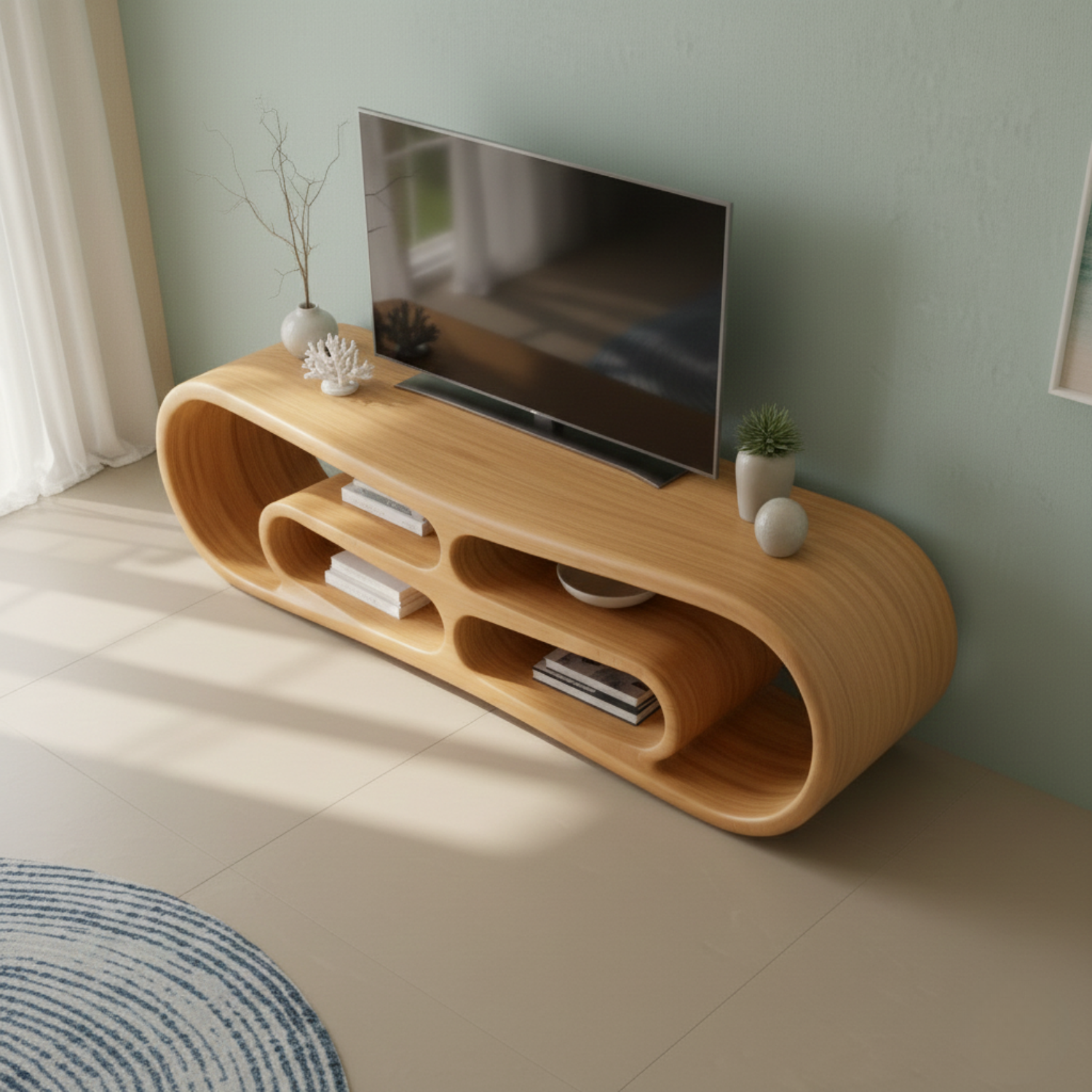 Modern Solid Wood TV Stand with Curved Design & Open Shelving - Stylish Living Room Storage