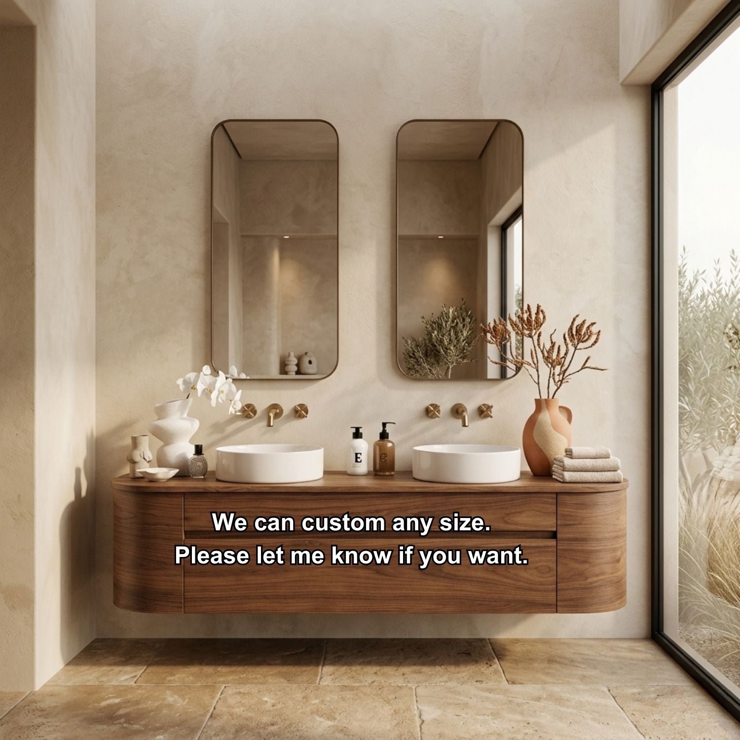 Handcrafted Wood Floating Double Vanity - Solid Wood Mid-Century Modern Bathroom Cabinet