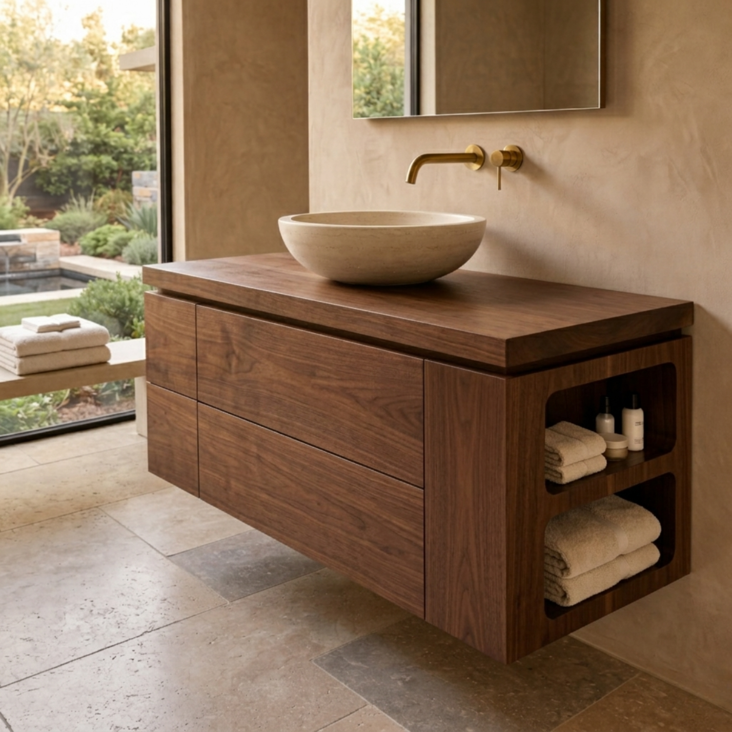 Floating Solid Wood Bathroom Vanity with Double Drawers and Integrated Side Open Shelves