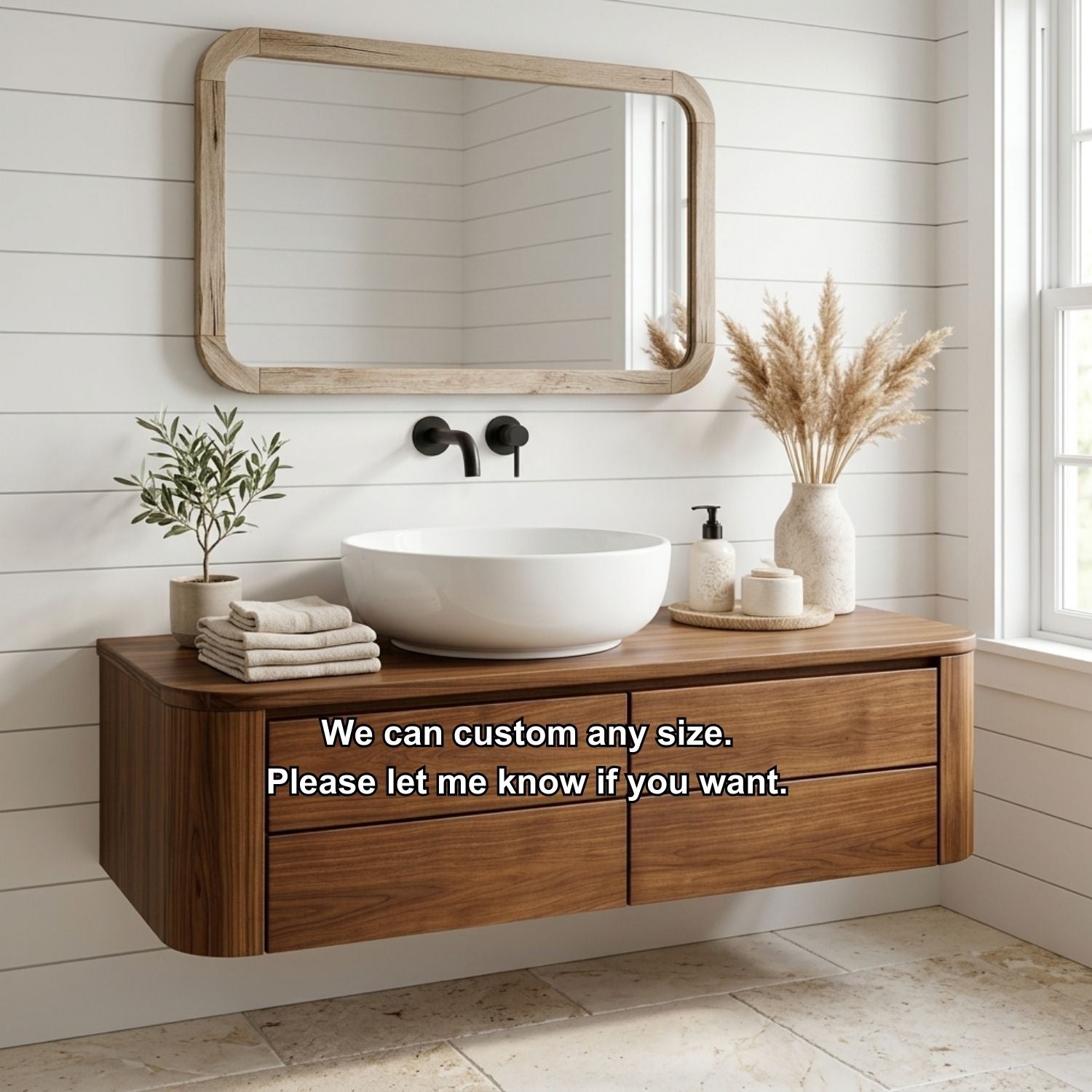 Floating Bathroom Vanity with Rounded Edges and Four Drawer Storage Cabinet