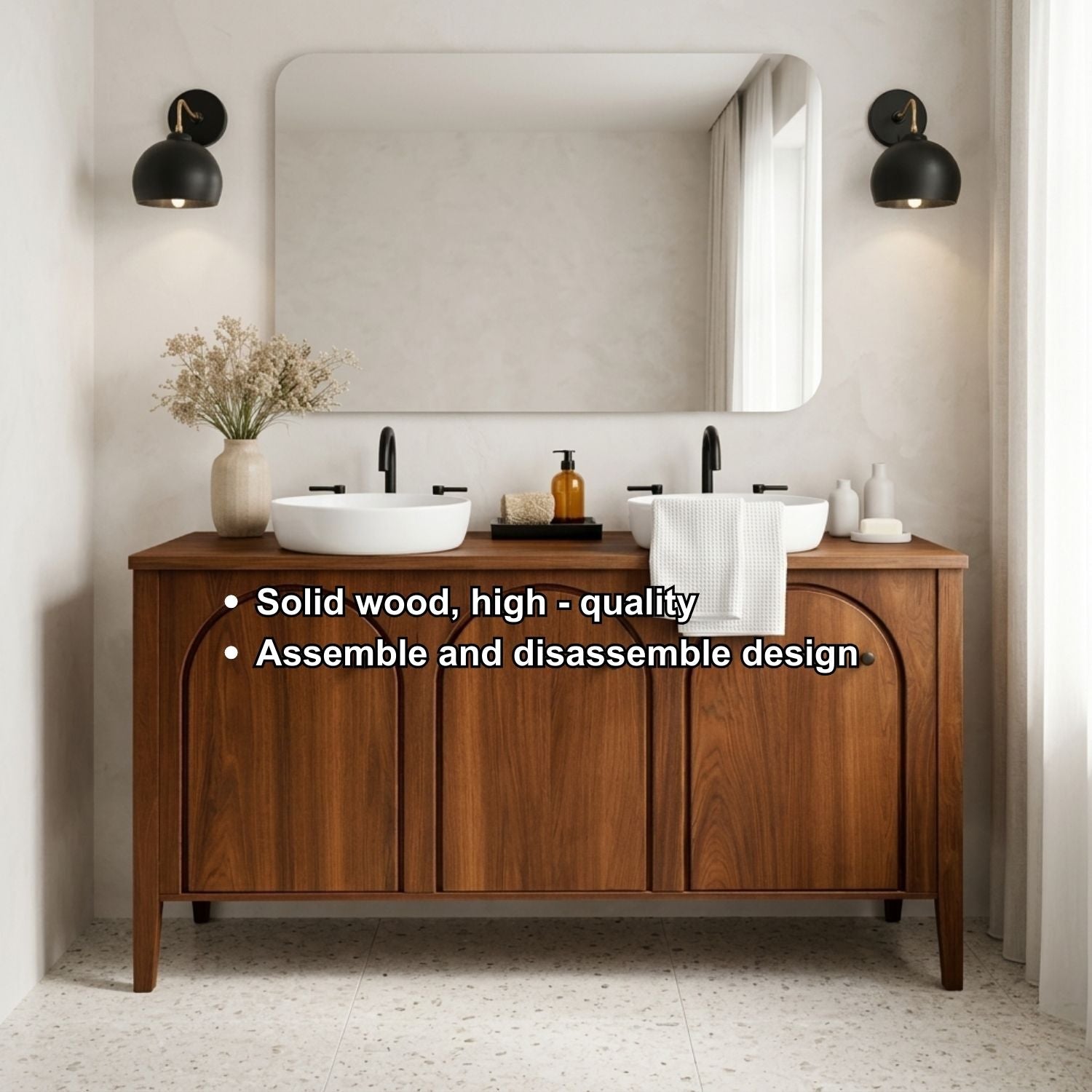 Handcrafted Triple Arch Double Vanity - Solid Wood Freestanding Modern Bathroom Cabinet