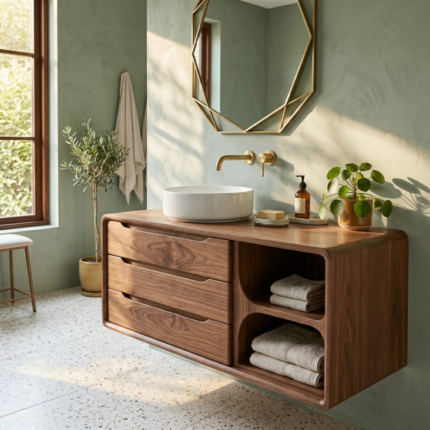 Floating Solid Wood Bathroom Vanity with Rounded Frame, Three Drawers and Side Open Shelf
