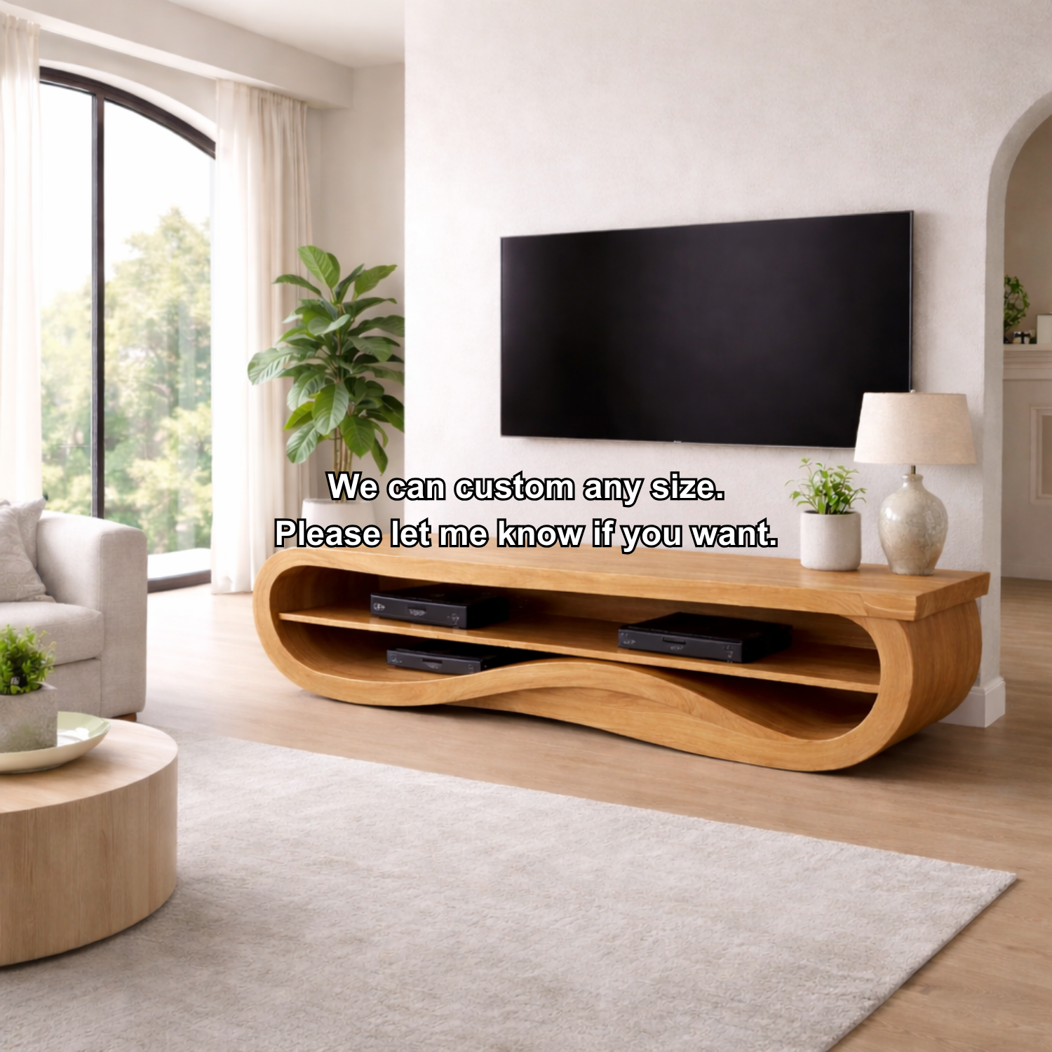 Solid Wood TV Stand with Curved Design – Modern & Functional
