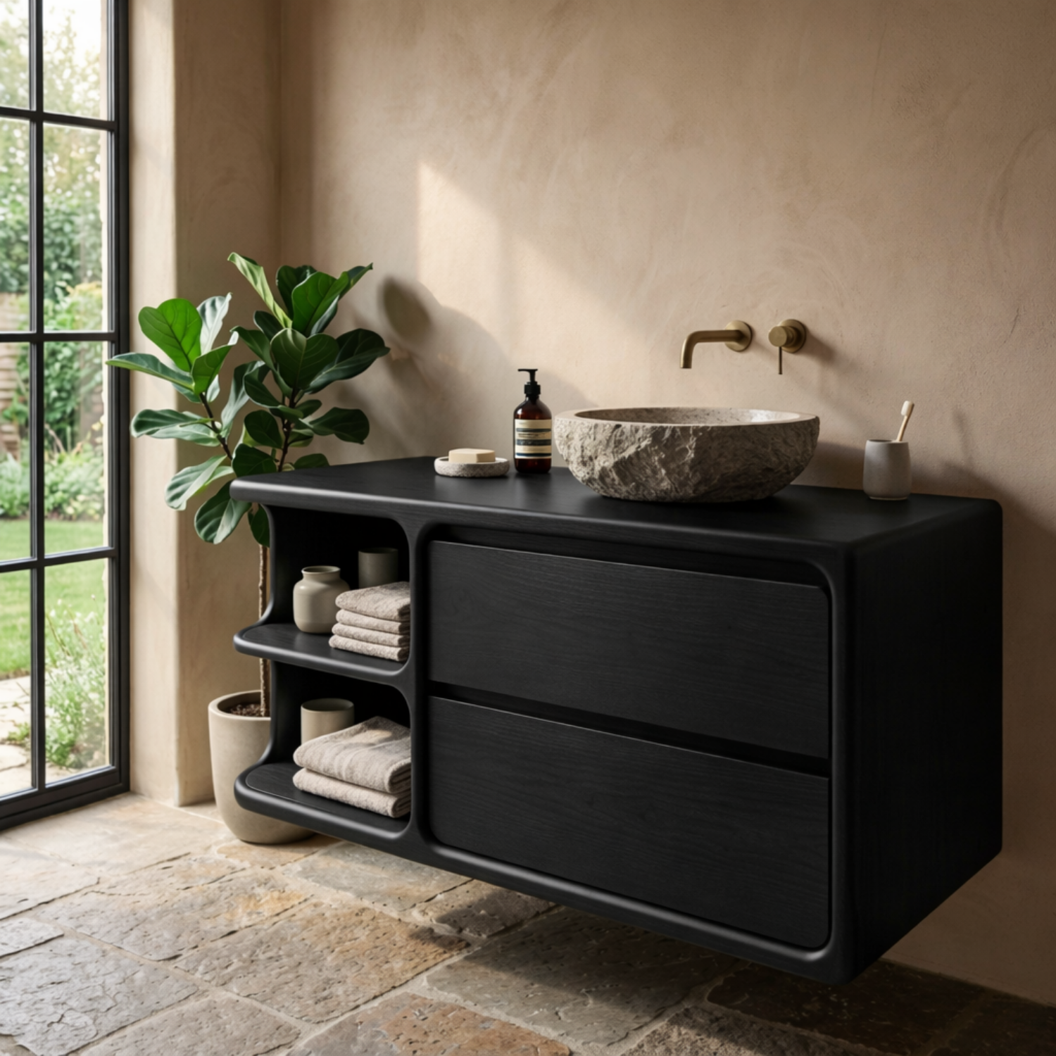 Floating Solid Wood Bathroom Vanity with Curved Frame, Two Drawers and Sculpted Open Shelves