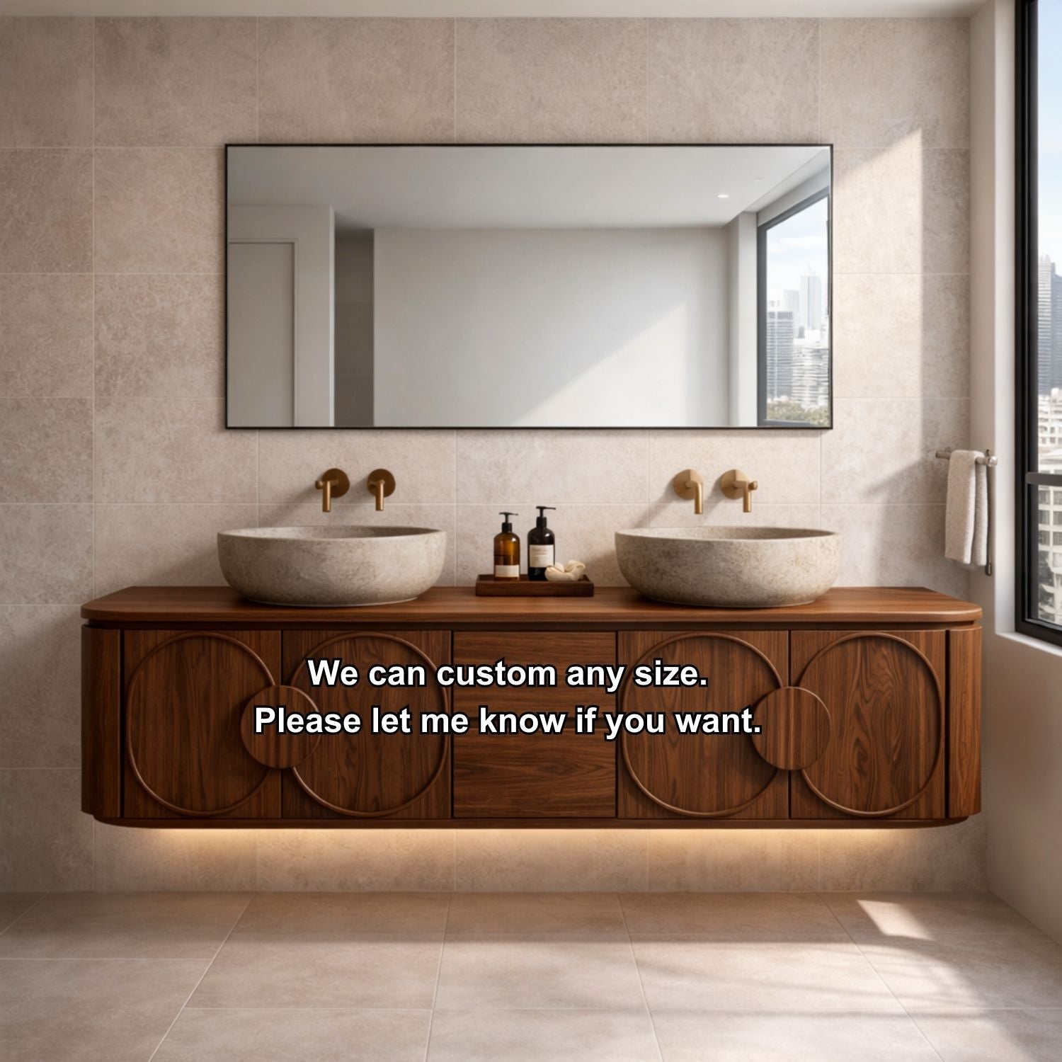 Floating Bathroom Vanity with Circular Panel Doors and Center Drawer Storage