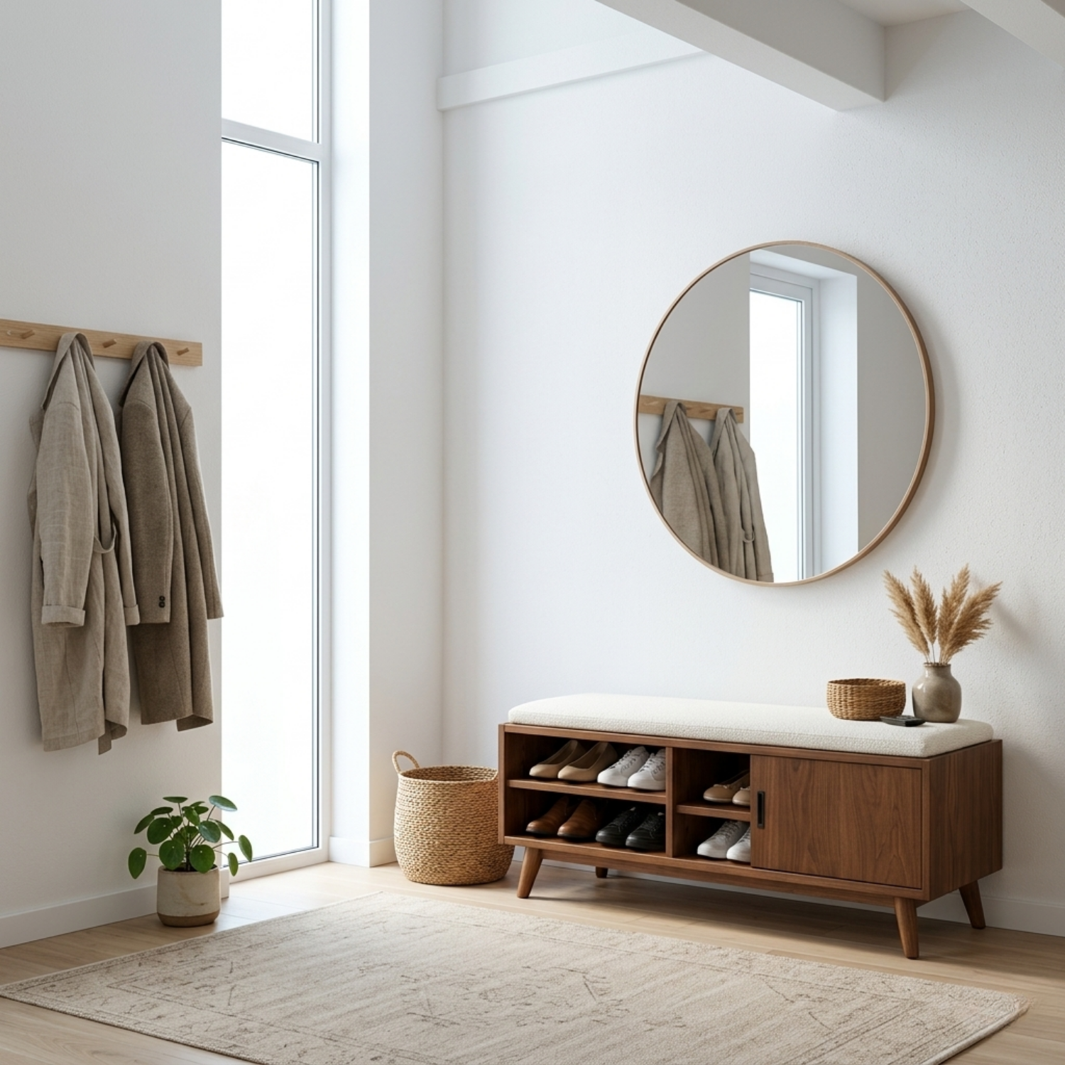 Solid Wood Shoe Storage Bench with Open Shelves and Side Cabinet Entryway Bench