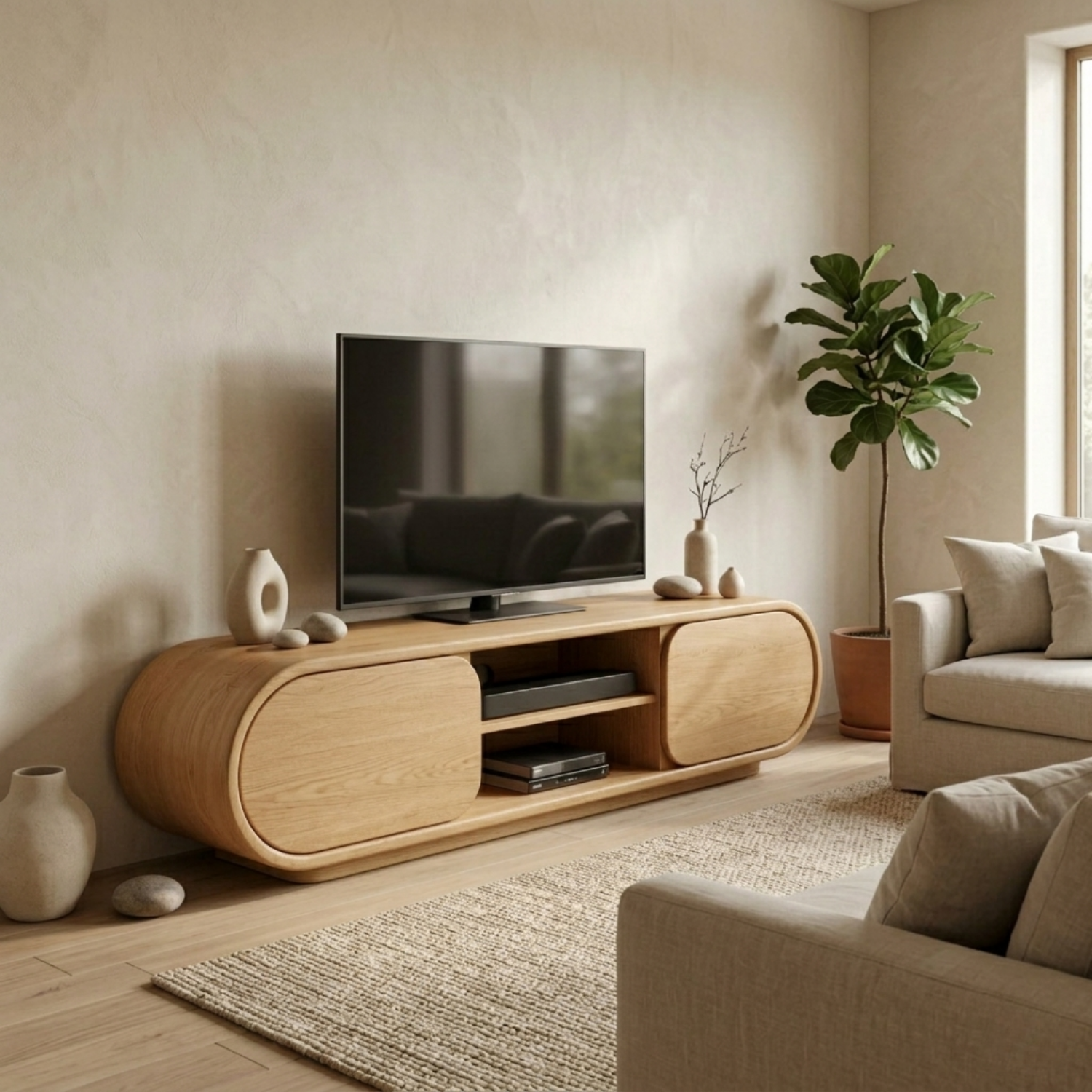 Solid Wood TV Stand with Curved Cabinet Doors and Open Shelf – Modern Media Console