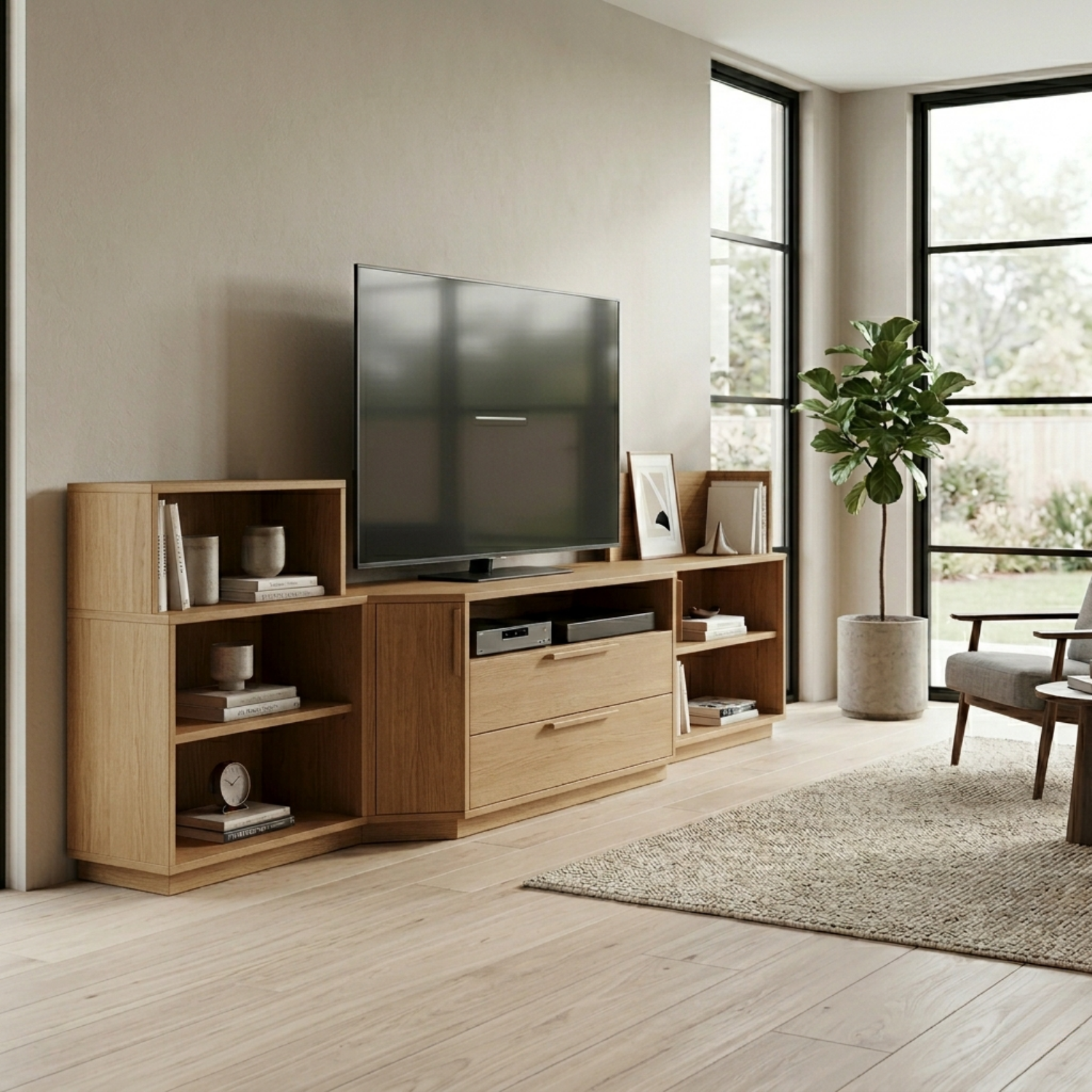 Modern Modular Solid Wood TV Stand with Open Shelves & Storage Cabinet