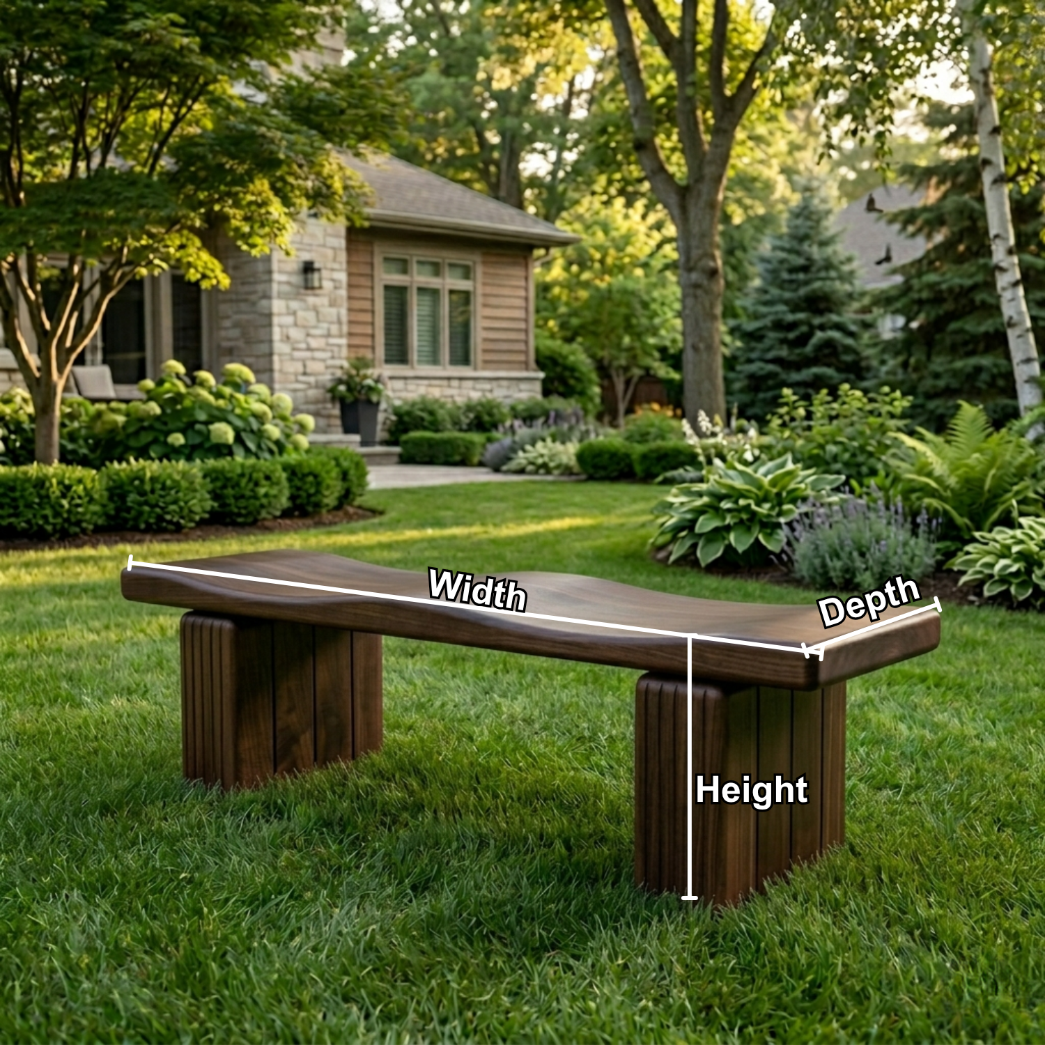 Solid Wood Outdoor Bench with Sculpted Wave Seat and Fluted Block Legs