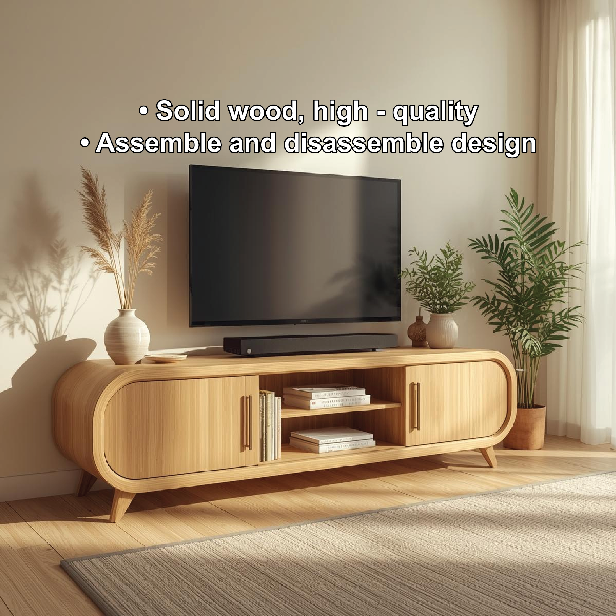 Mid Century Solid Wood TV Stand Curved Media Console Modern Entertainment Center Cabinet