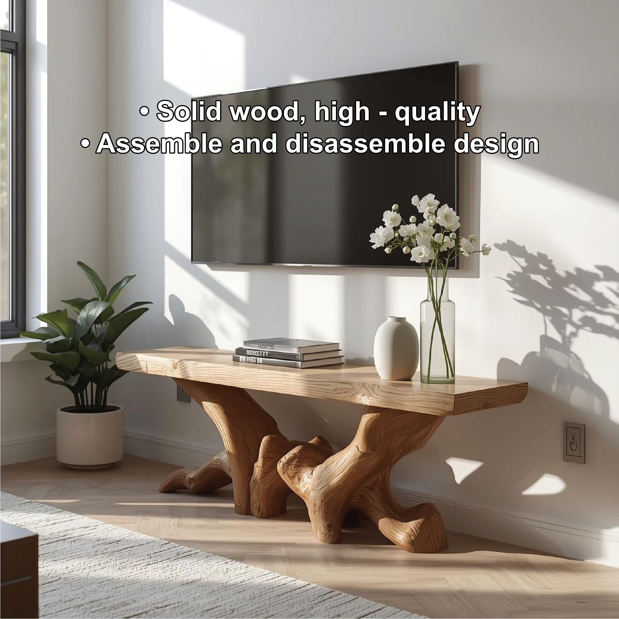 Rustic Solid Wood TV Stand Sculptural Media Console Natural Wood Entertainment Table
