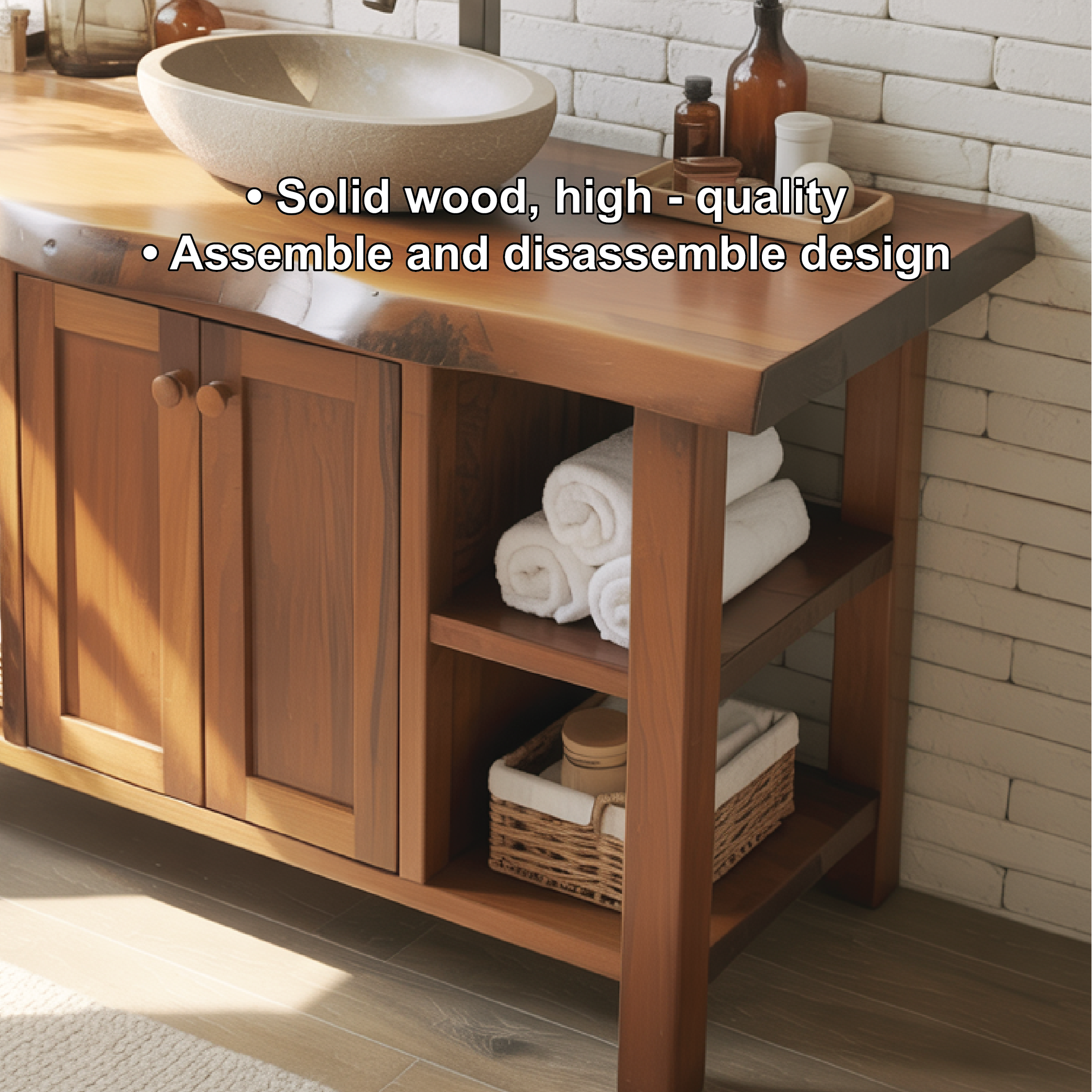 Rustic Solid Wood Bathroom Vanity Cabinet With Doors And Open Shelves