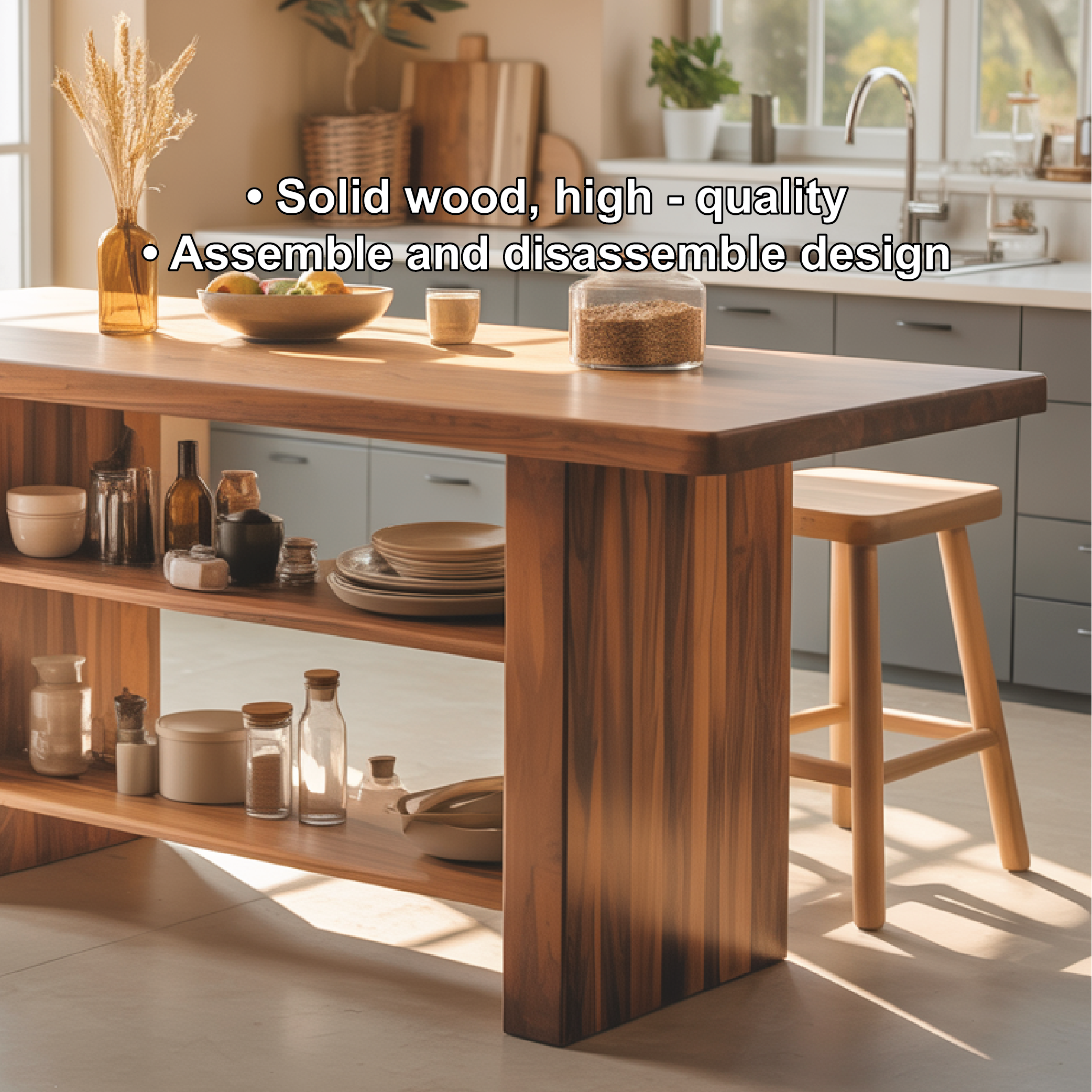 Modern Dining Table with Open Storage Shelves and Bar Seating, Multifunction Kitchen Island Table