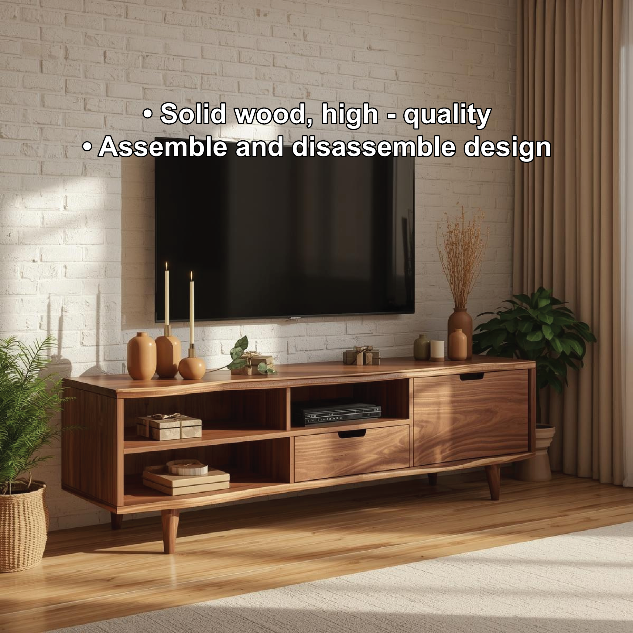 Solid Wood TV Stand Mid Century Media Console Modern Entertainment Center Cabinet