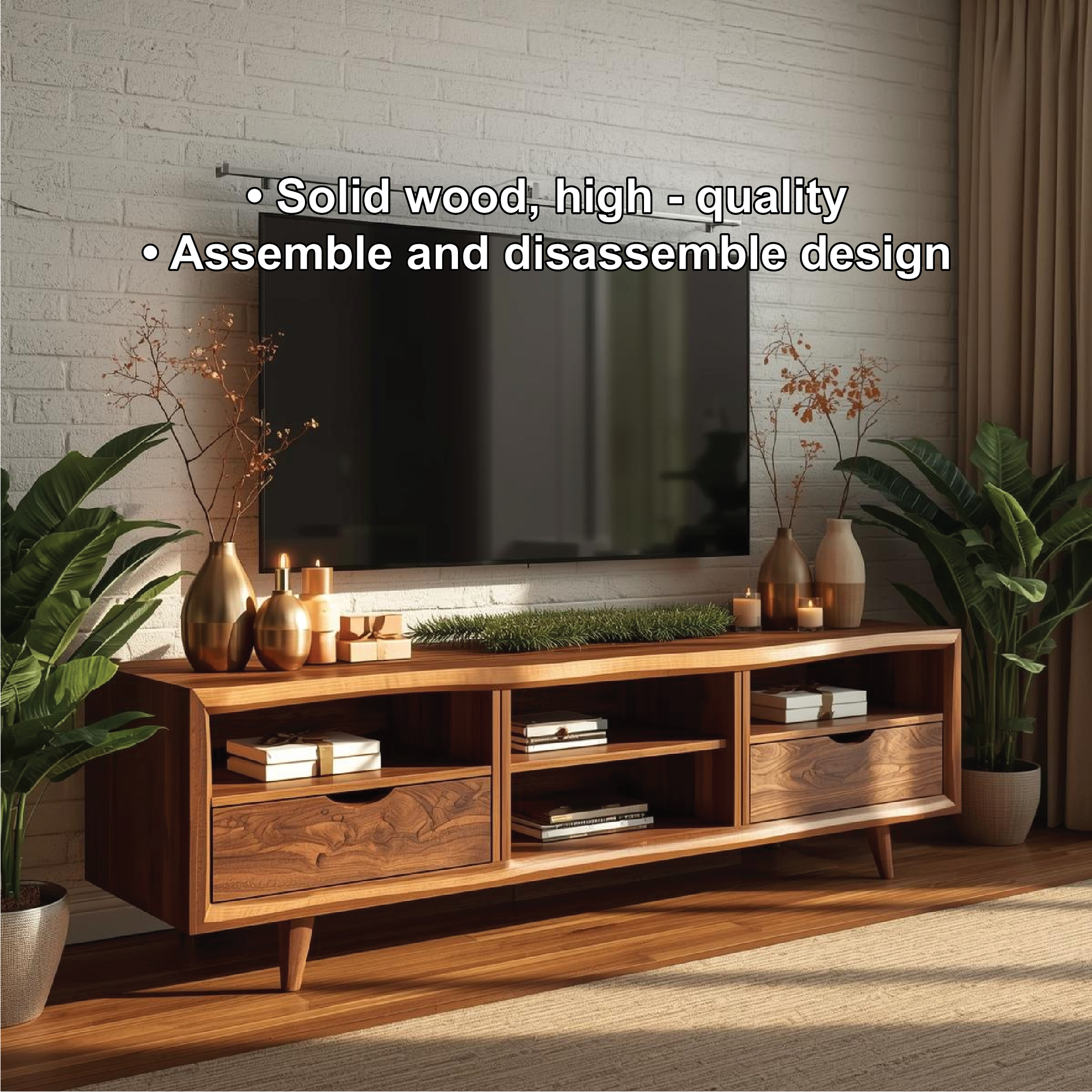 Mid Century TV Stand Solid Wood Media Console Modern Entertainment Center Cabinet