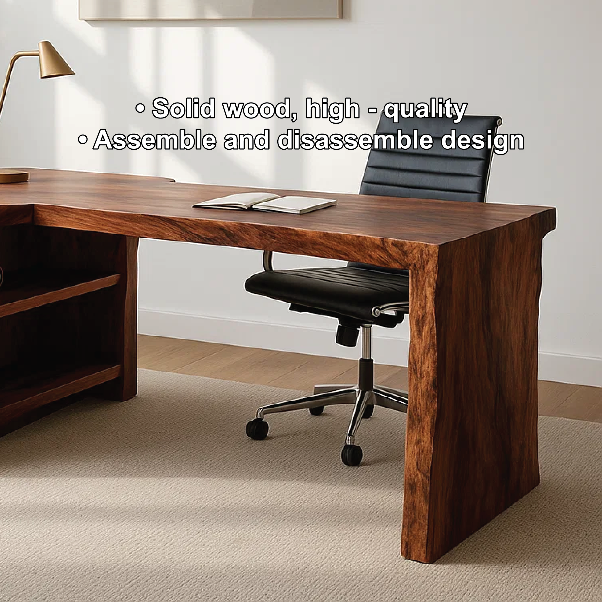 Modern L-Shaped Walnut Desk with Open Shelf – Sculptural Corner Workspace