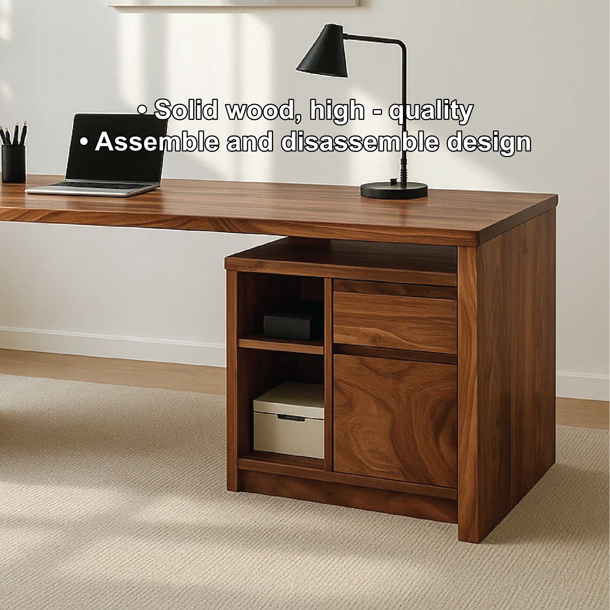 Modern Walnut Desk with Storage Cabinet – Minimalist Home Office Setup