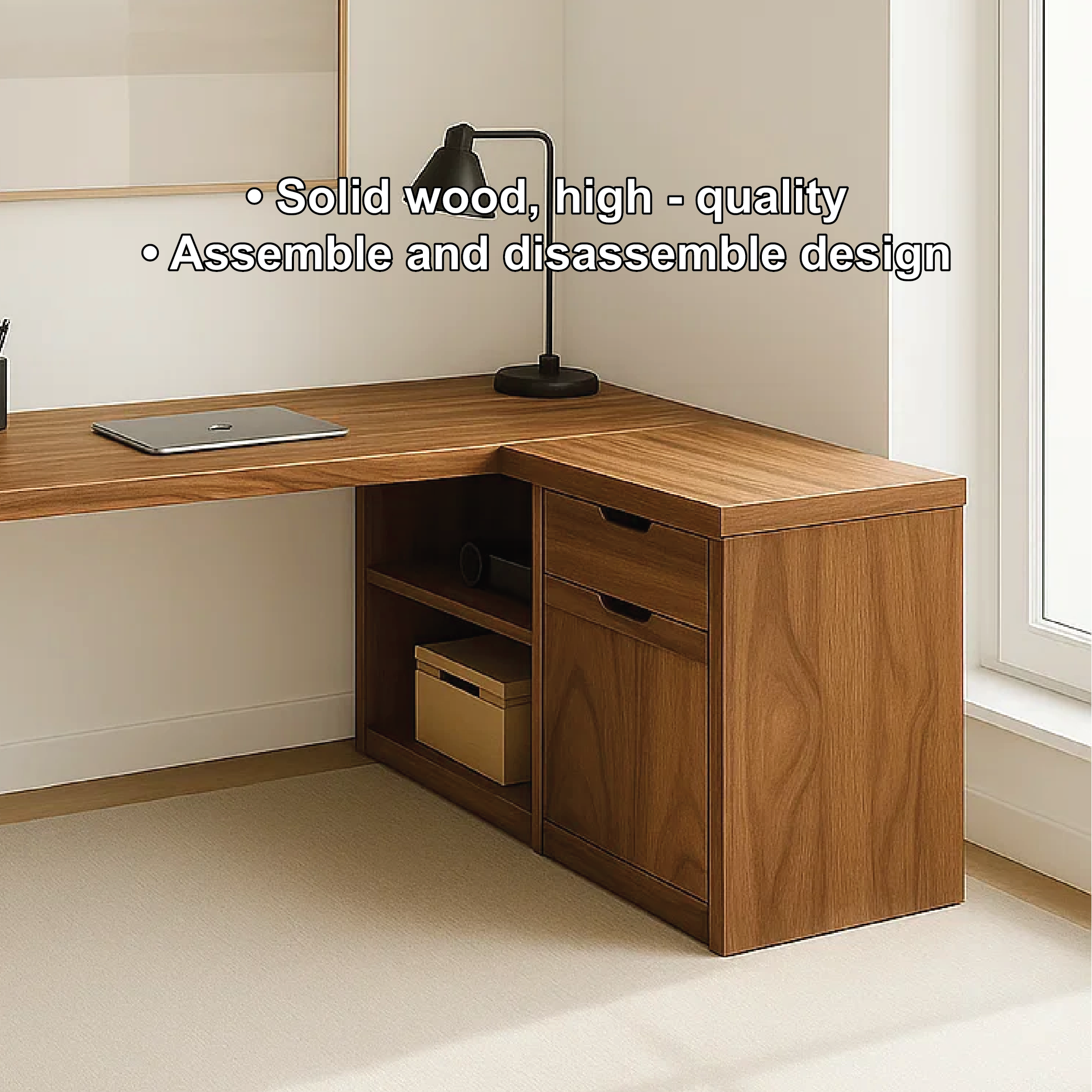 L-Shaped Walnut Desk with Storage – Corner Workspace Solution