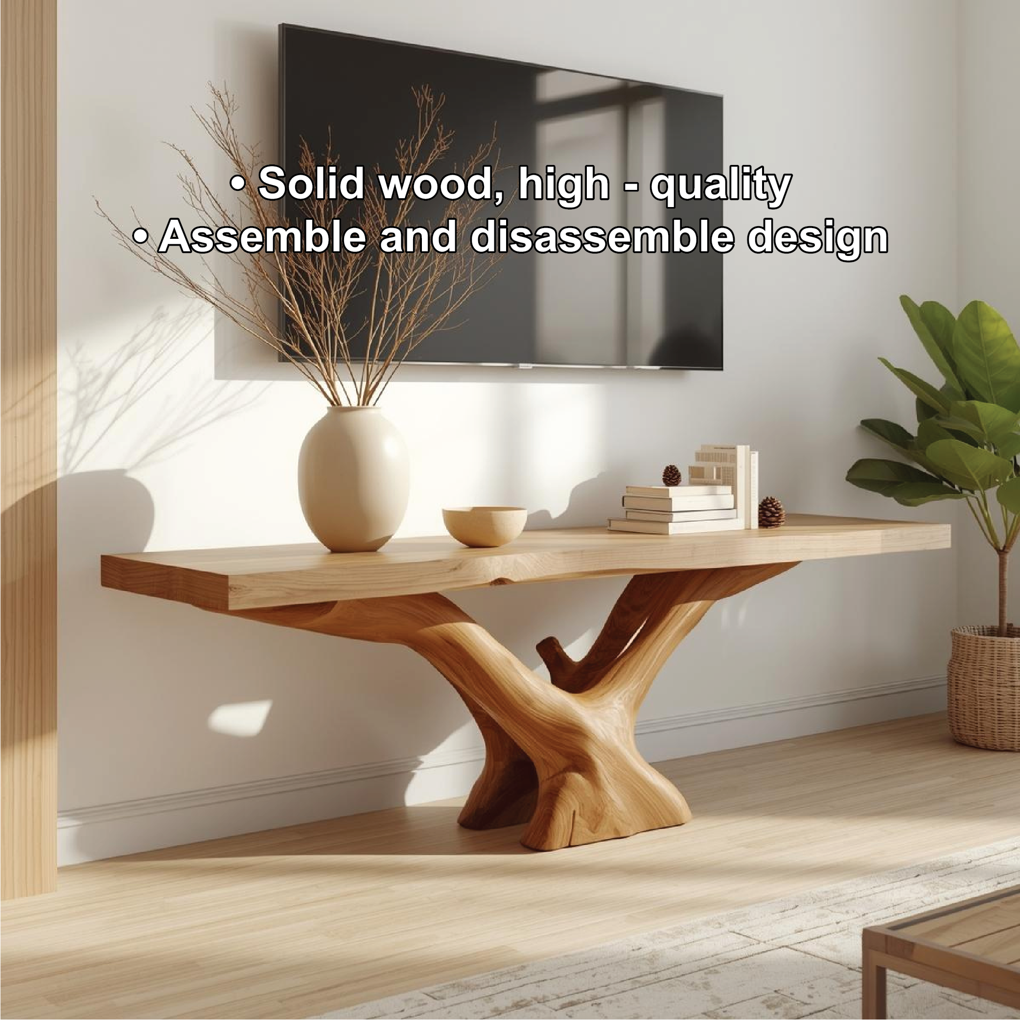 Rustic Solid Wood TV Stand Sculptural Base Media Console Modern Entertainment Table