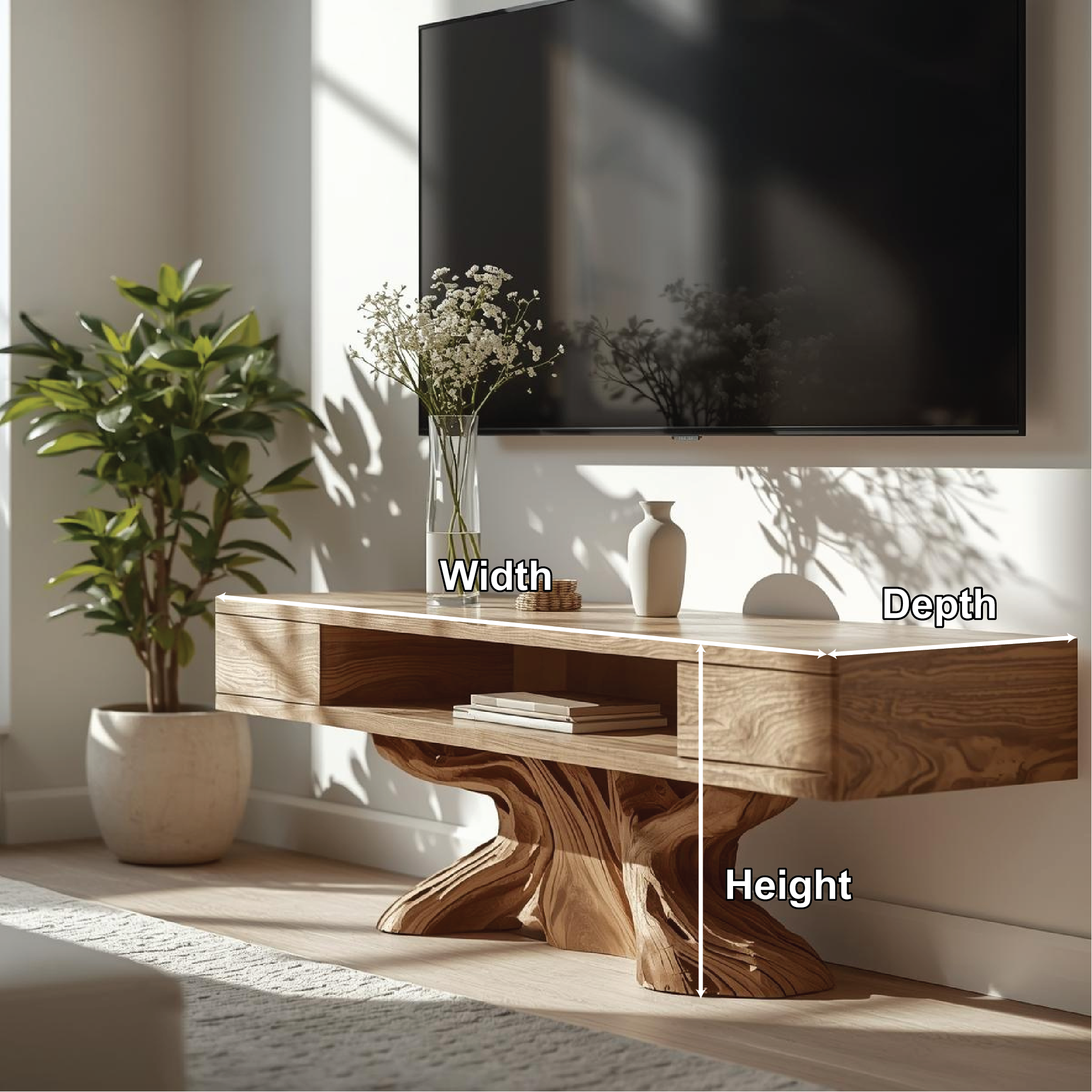 Rustic Solid Wood TV Stand Sculptural Base Media Console Modern Entertainment Center