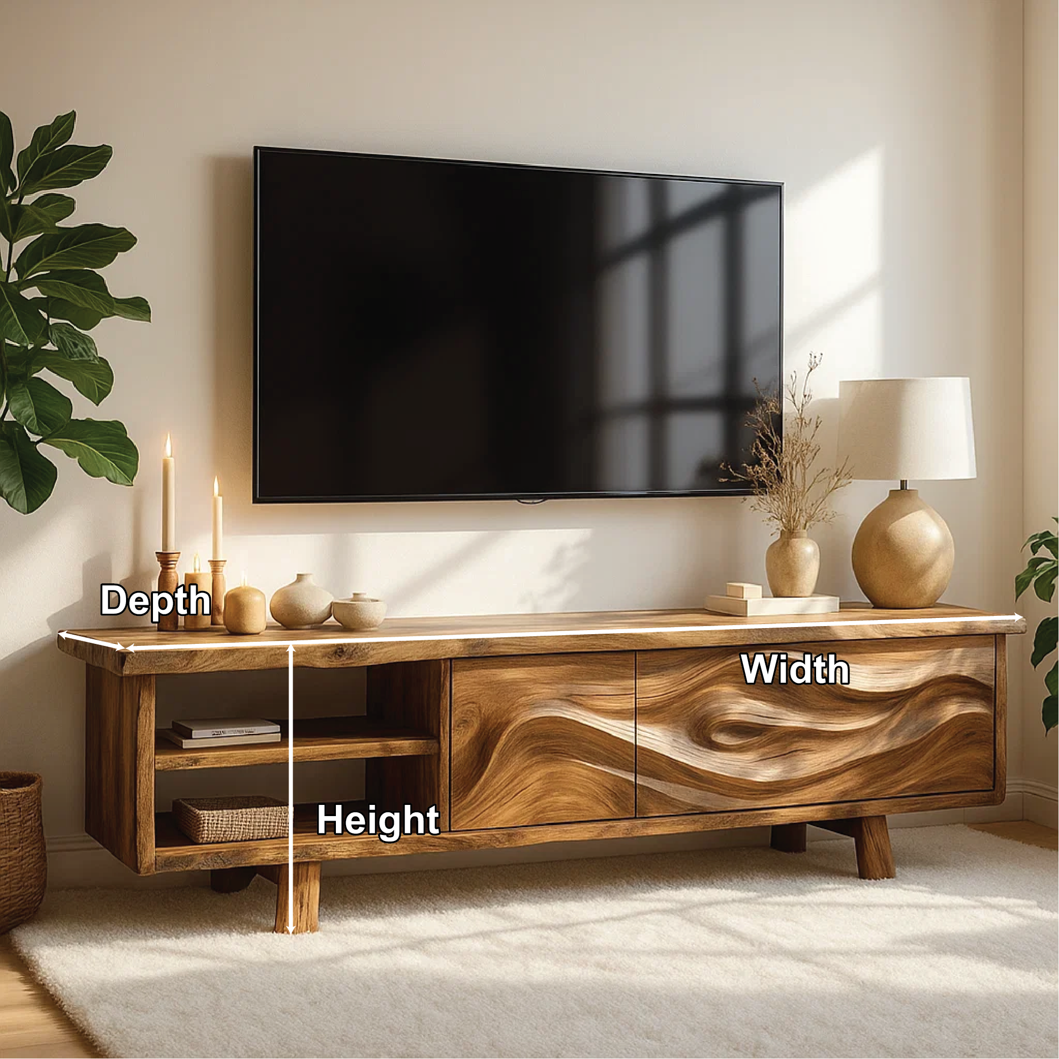 Live Edge Solid Wood TV Stand Walnut Media Console Hand Carved Modern Entertainment Unit