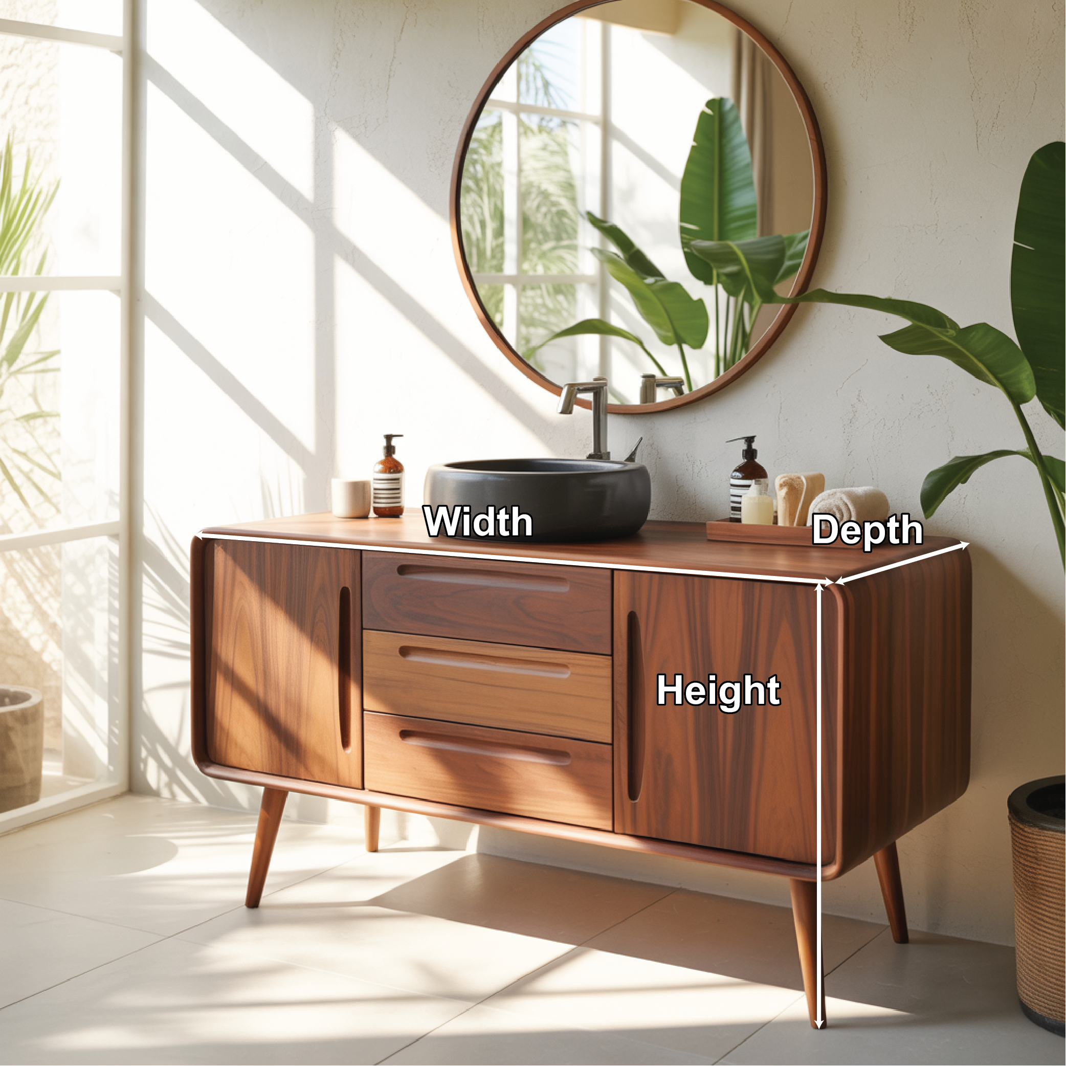Mid Century Modern Solid Wood Bathroom Vanity Cabinet With Drawers And Doors
