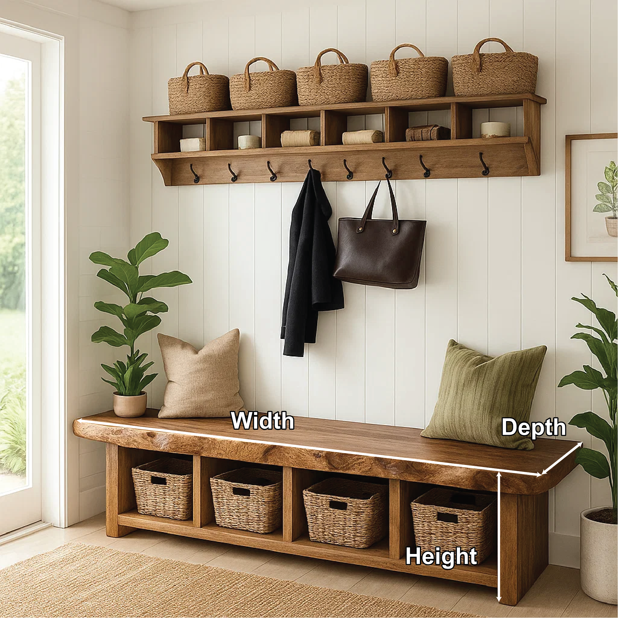 Solid Wood Entryway Bench with Storage Cubbies, Rustic Hallway Organizer Seat