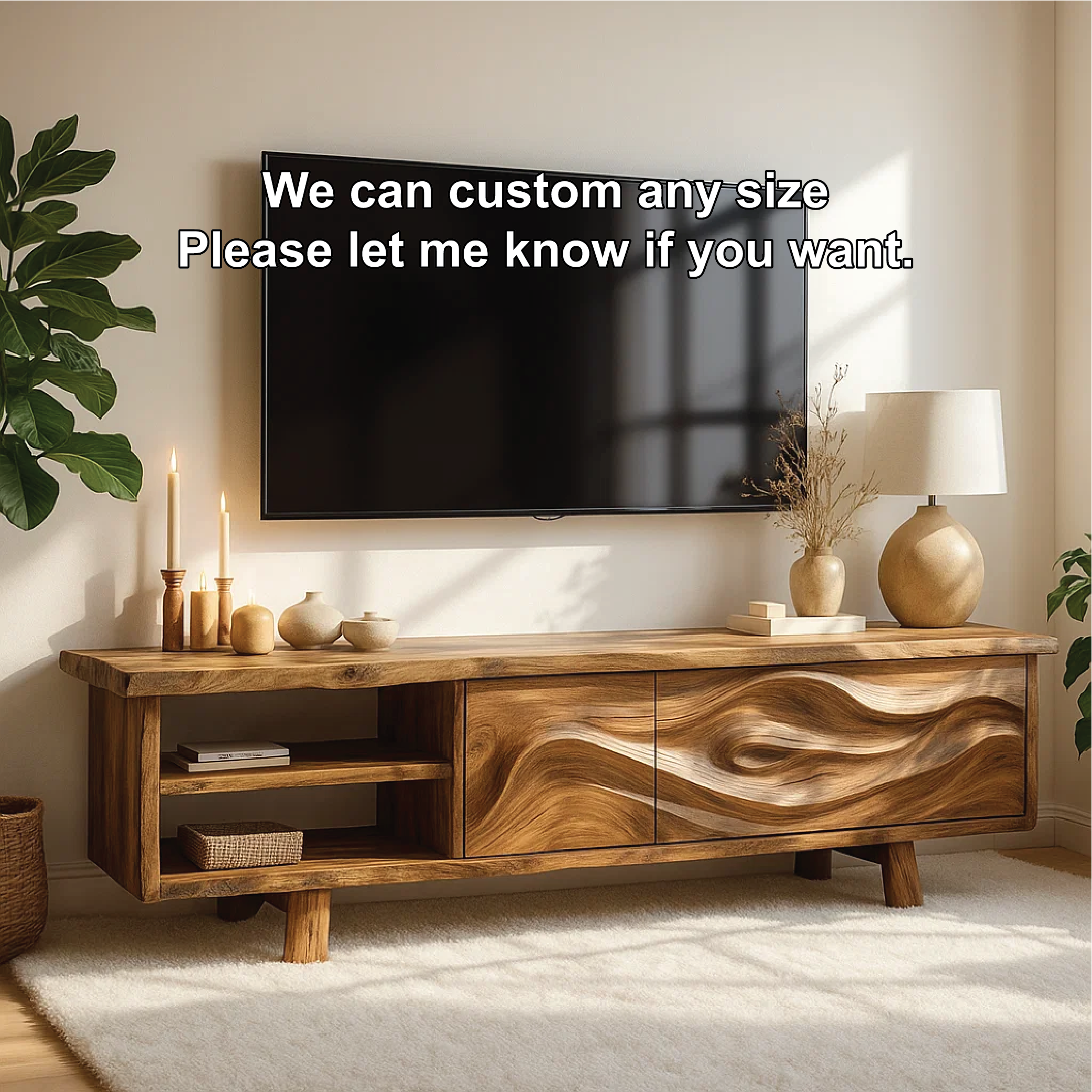Live Edge Solid Wood TV Stand Walnut Media Console Hand Carved Modern Entertainment Unit