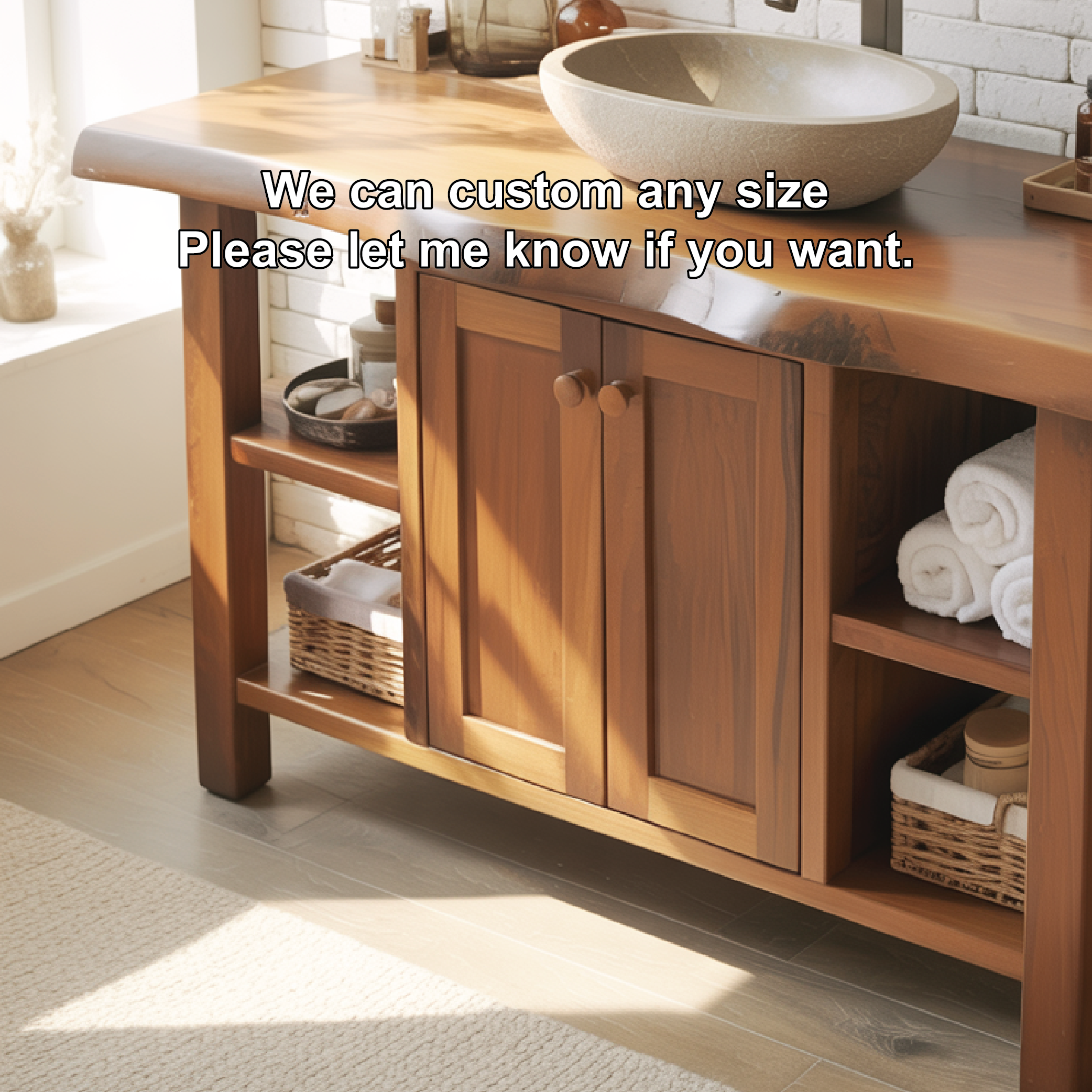 Handcrafted Solid Wood Bathroom Vanity with Live Edge Countertop and Open Storage Shelves