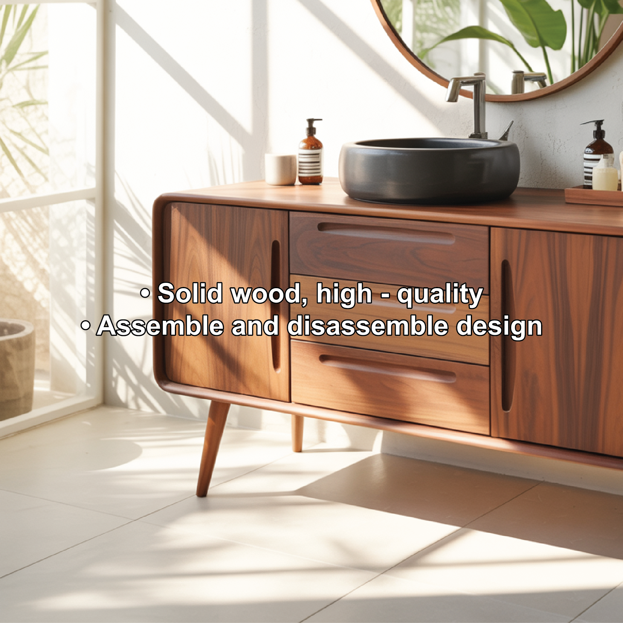 Mid Century Modern Solid Wood Bathroom Vanity Cabinet With Drawers And Doors