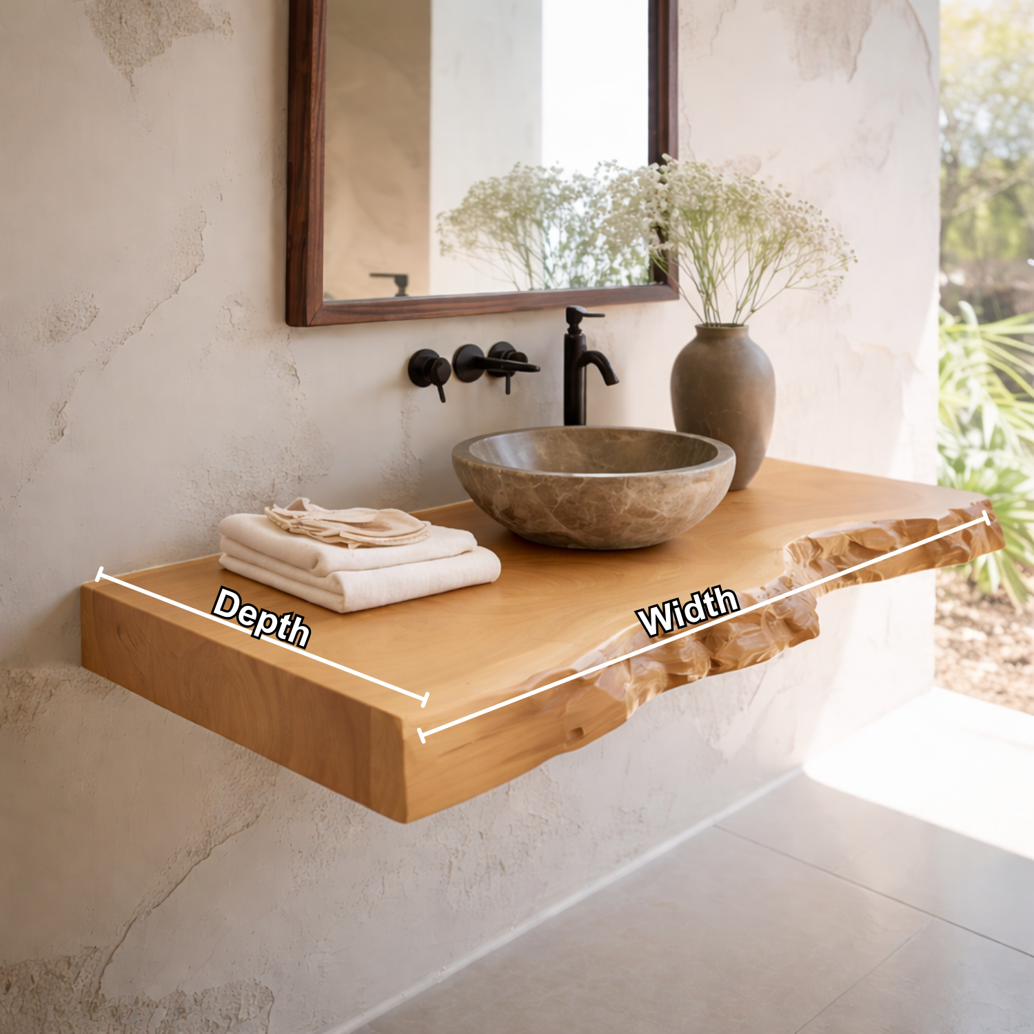 Floating Live Edge Solid Wood Bathroom Vanity Countertop