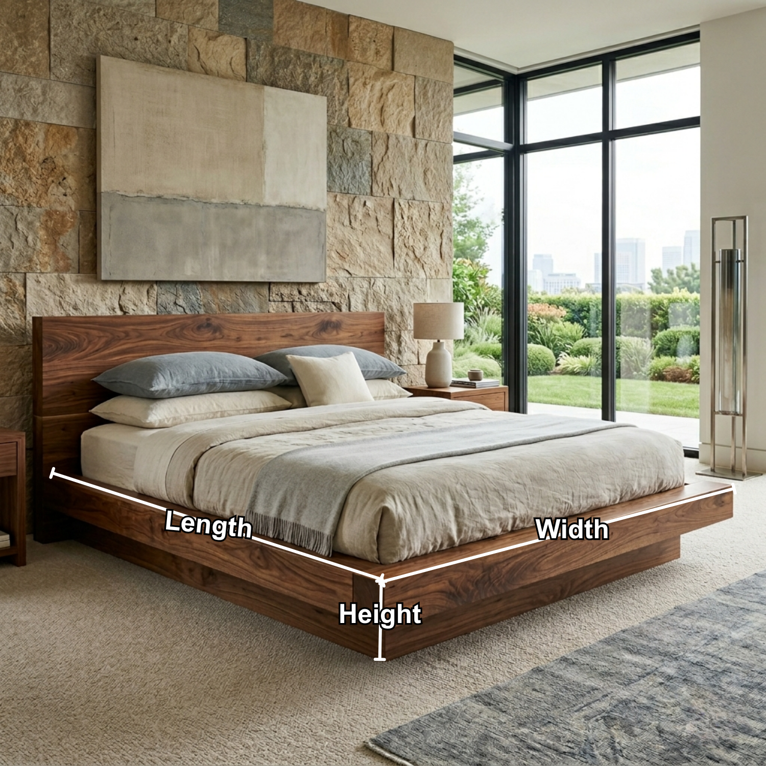 Solid Wood Platform Bed Frame with Thick Frame Base and Wide Panel Headboard