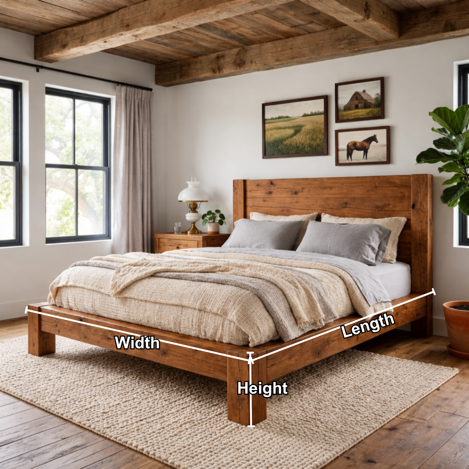 Rustic Solid Wood Bed Frame with Thick Block Legs and Panel Headboard