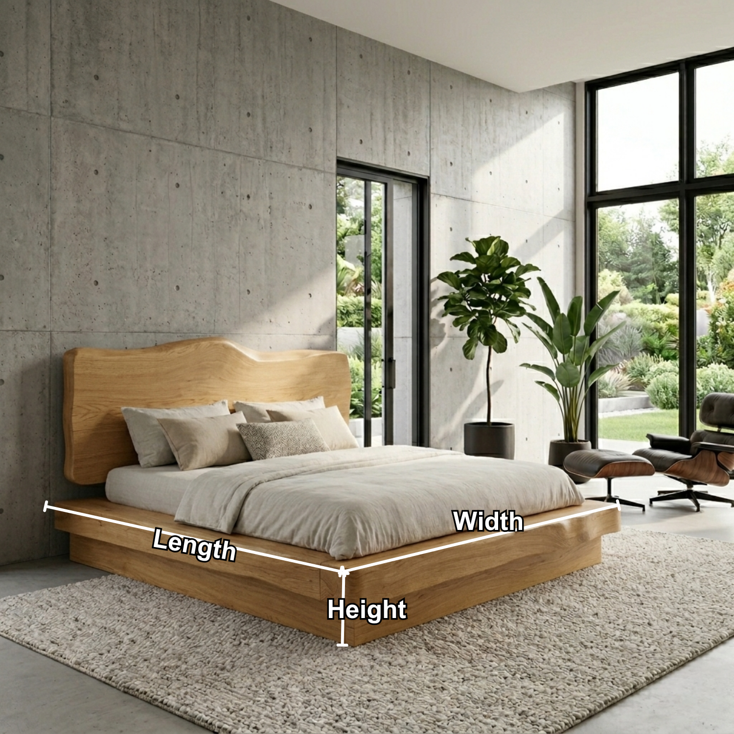 Live Edge Solid Wood Platform Bed Frame with Sculpted Natural Headboard