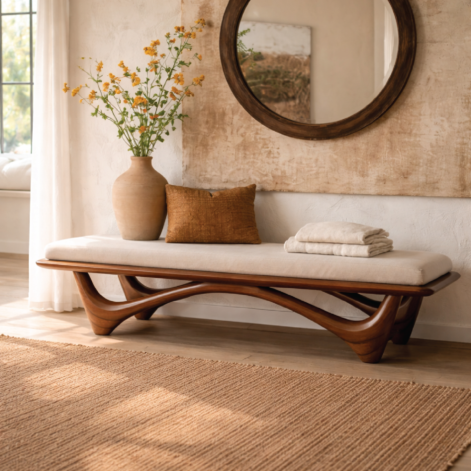 Solid Wood Entryway Bench with Curved Base, Modern Rustic Hallway Seating