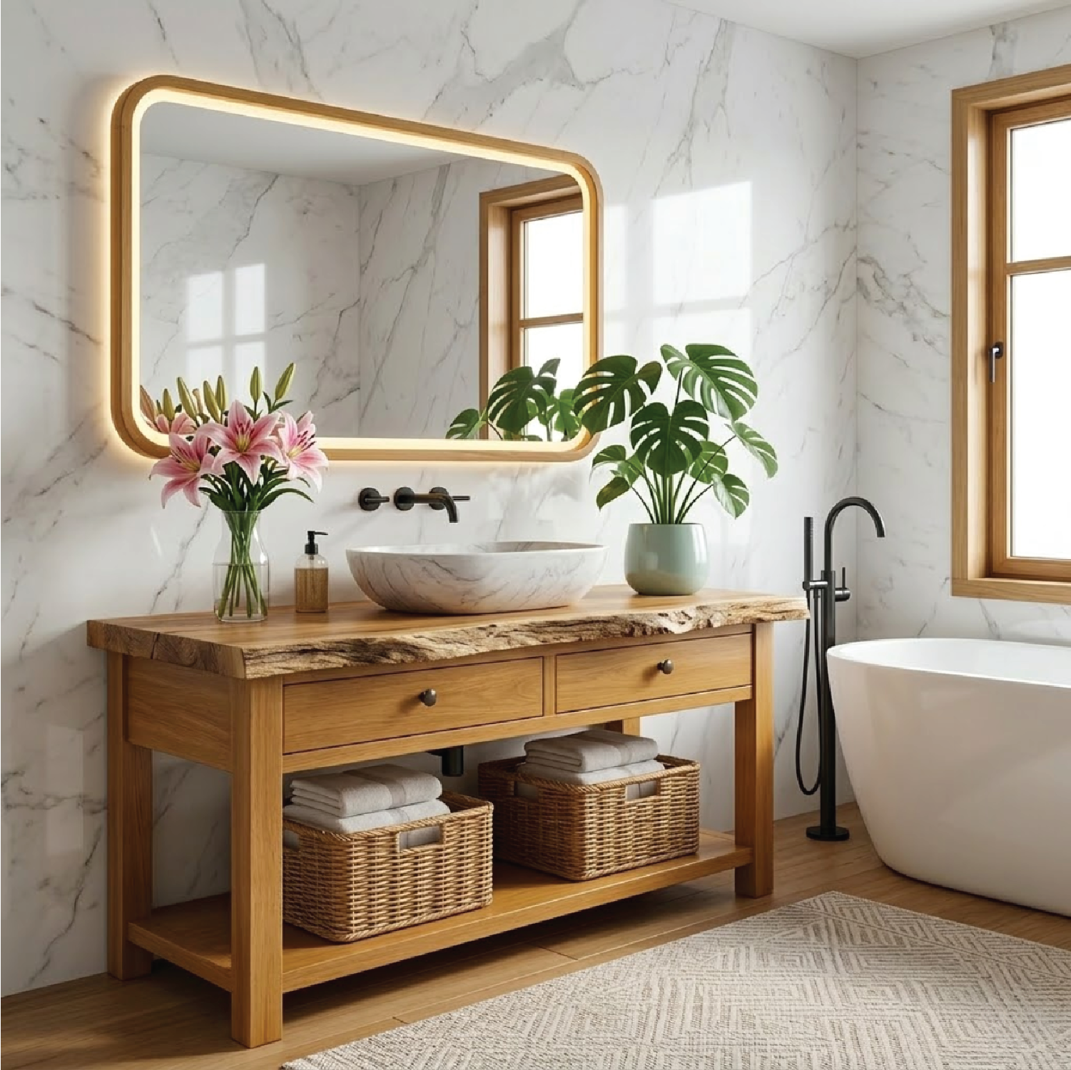 Modern Wooden Bathroom Vanity with Marble Sink and LED Mirror
