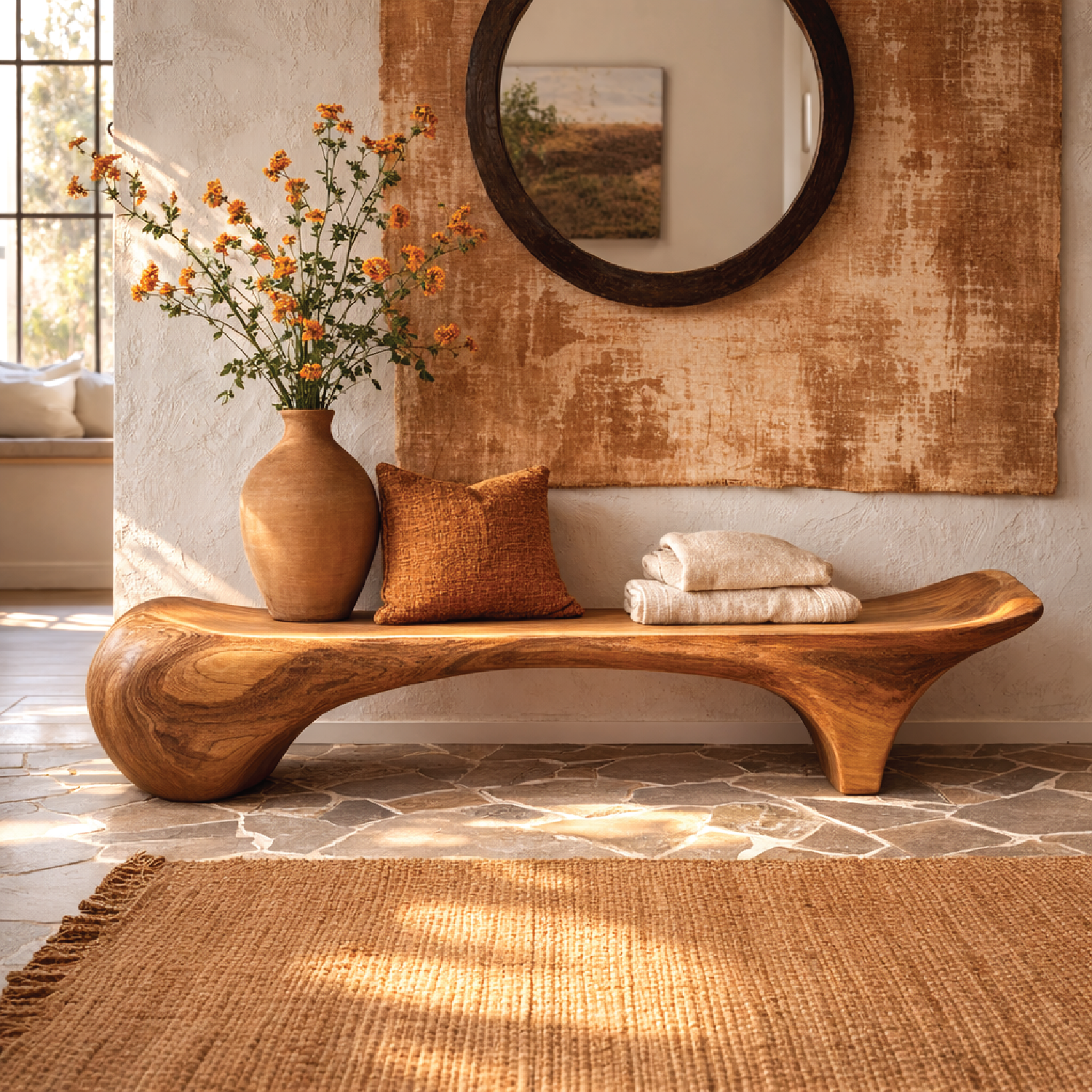 Sculptural Solid Wood Bench, Organic Modern Entryway Statement Seat