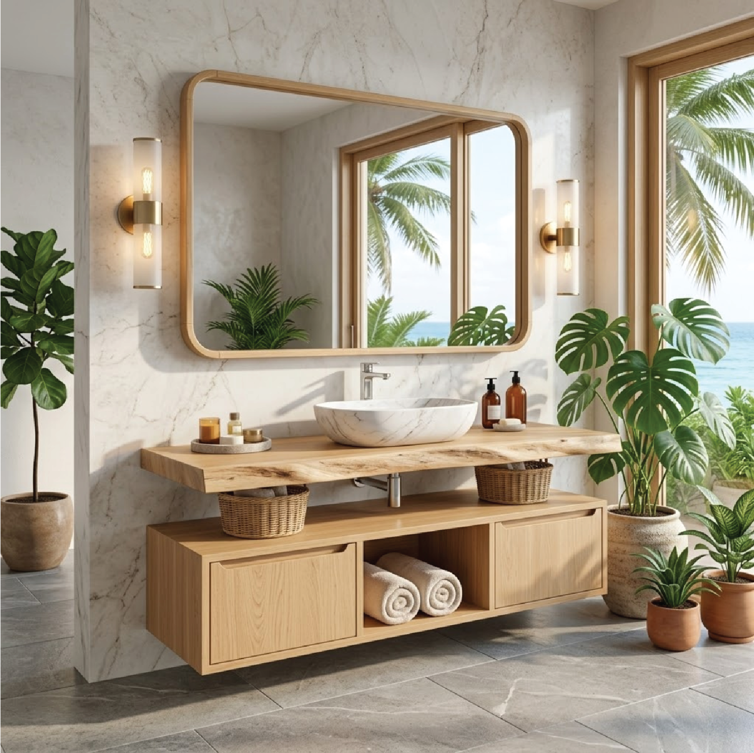 Floating Bathroom Vanity with Natural Wood Design and Spacious Storage