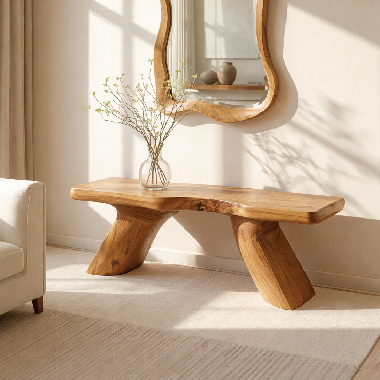 Solid Wood Entryway Bench with Sculptural Legs, Handmade Modern Hallway Seat